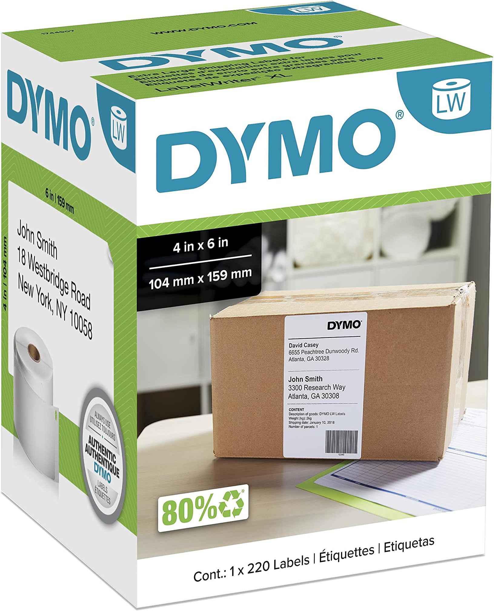 Authentic LW Extra-Large Shipping Labels DYMO Labels for LabelWriter 5XL and 4XL Label Printers Only White 4" x 6" 1 Roll of 220