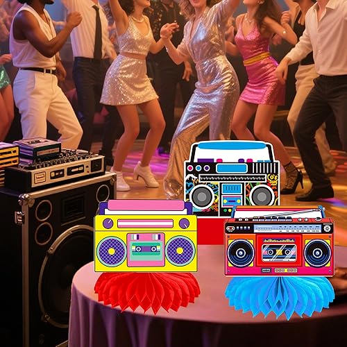 Miniatura 6 de Boom Box and Cassette Tape Centro de mesa de panal de abejas de los años 80 y 90, decoraciones de fiesta de radio, centros de mesa Boombox,