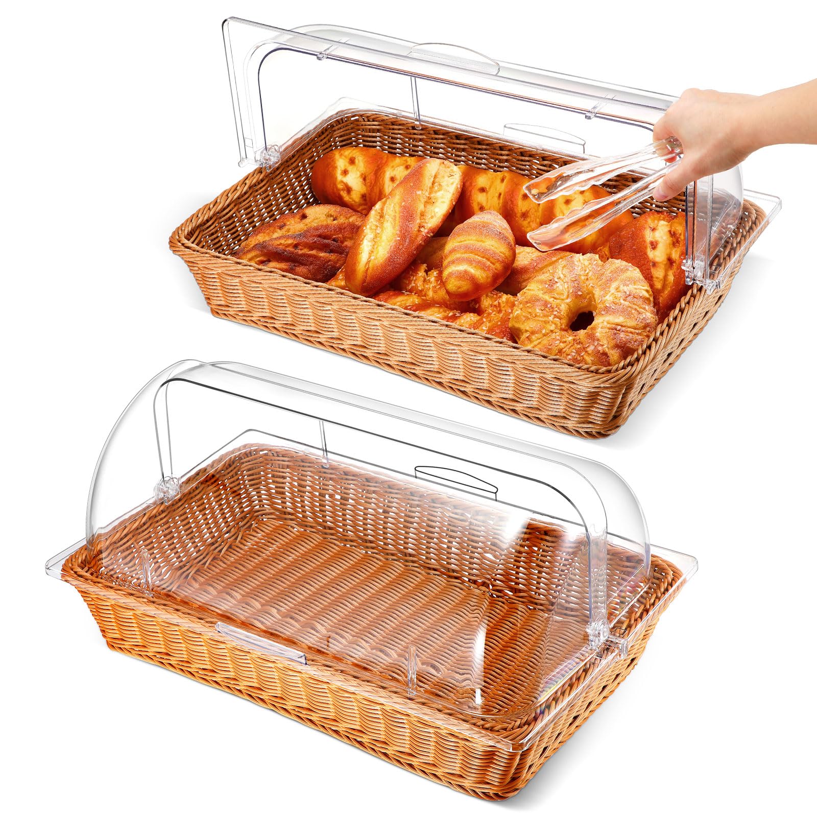 Ziliny 2 Pack Imitation Rattan Bread Basket with Clear Chafing Dish Cover Wicker Bread Basket for Serving Roll Top Bakery Pan Display Cover for Food Tabletop Restaurant Kitchen (21.06 x 12.6 Inch)
