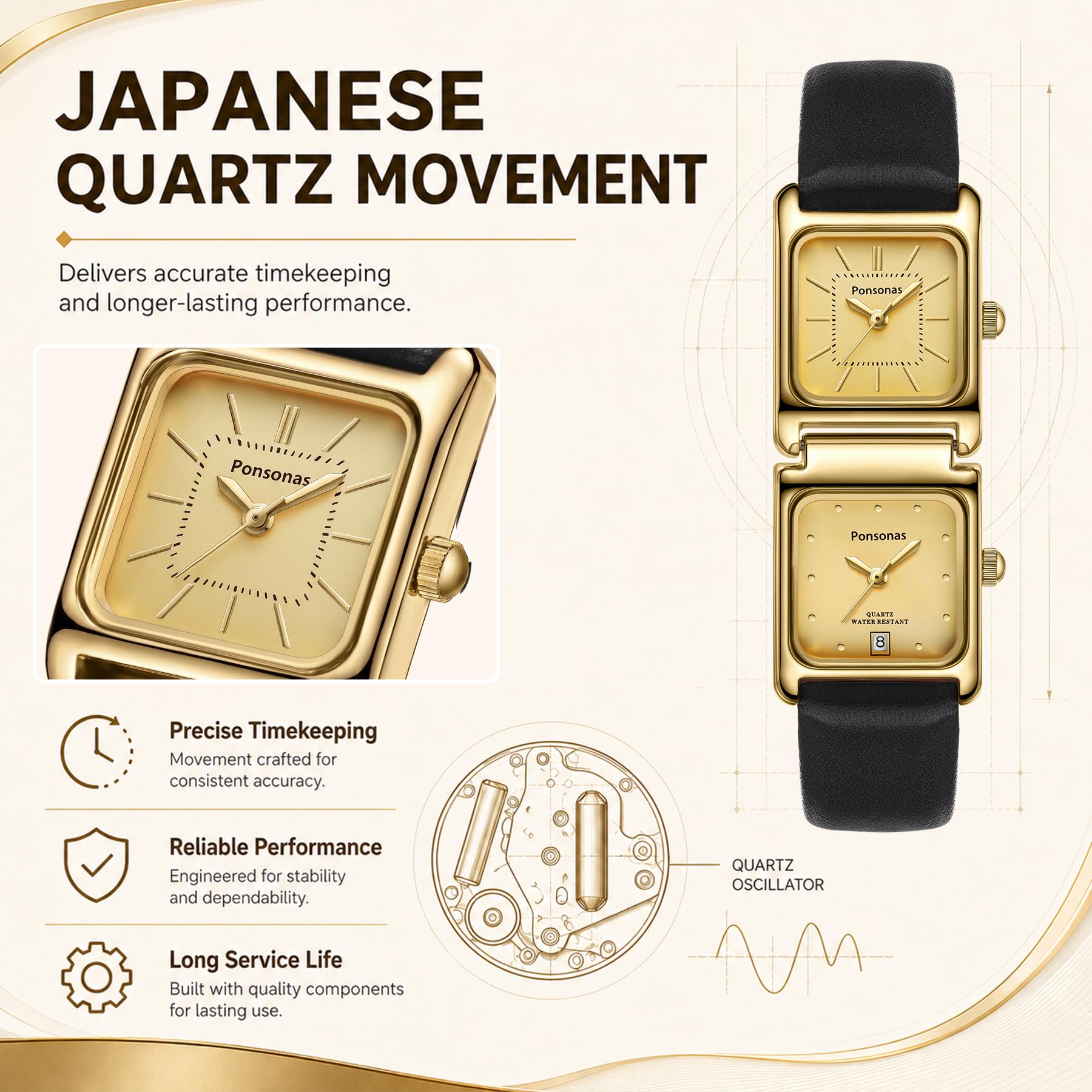 Timever Orologio unisex con cinturino in pelle per uomo e donna, originale quadrato con retangle al quarzo, orologio da polso per uomo e donna, regalo per coppia