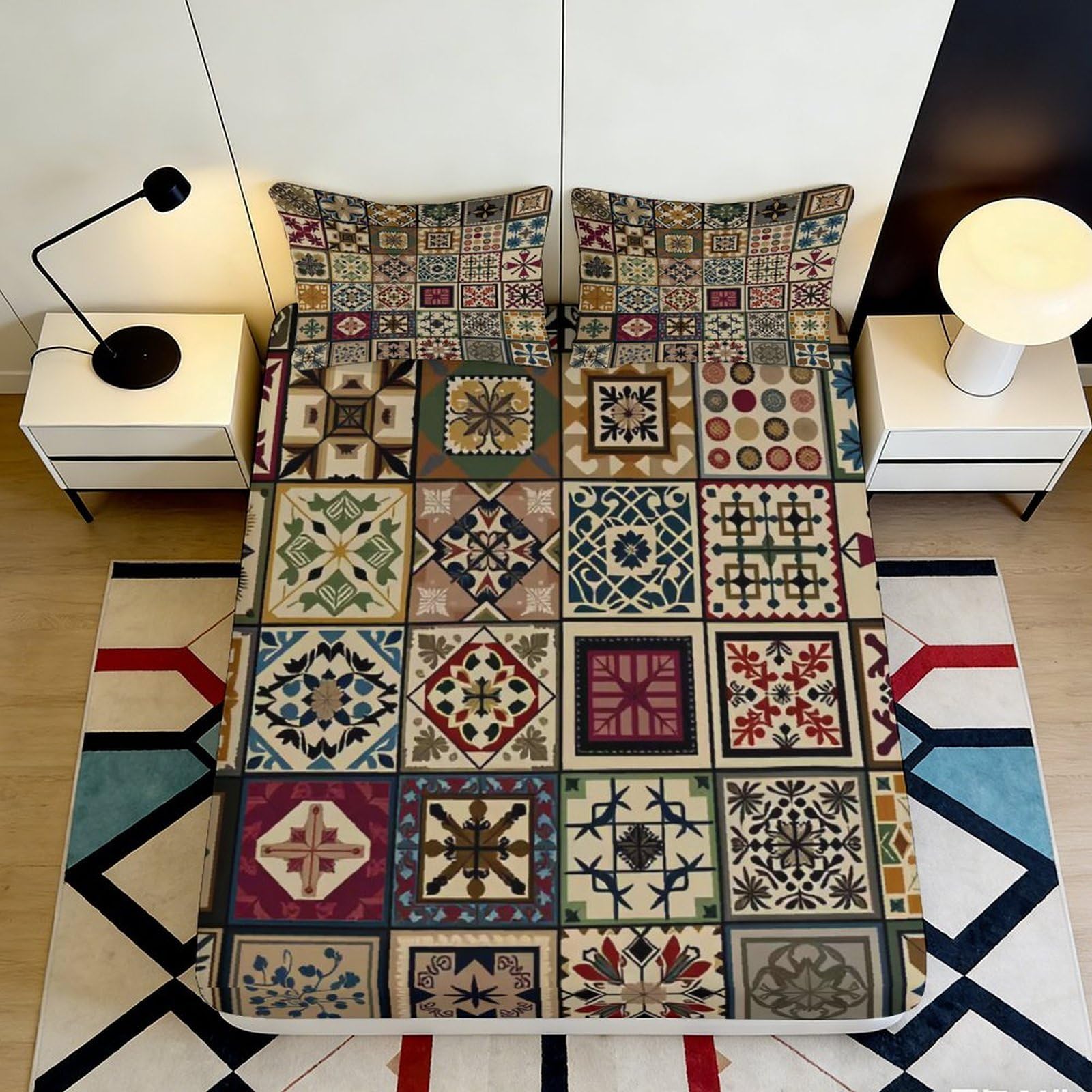 3D Printed Patchwork Mosaic Fitted Sheet Microfiber Soft Breathable Ethnic Geometric Bed Cover for Bedroom Guest Room Decor 90x200x25cm
