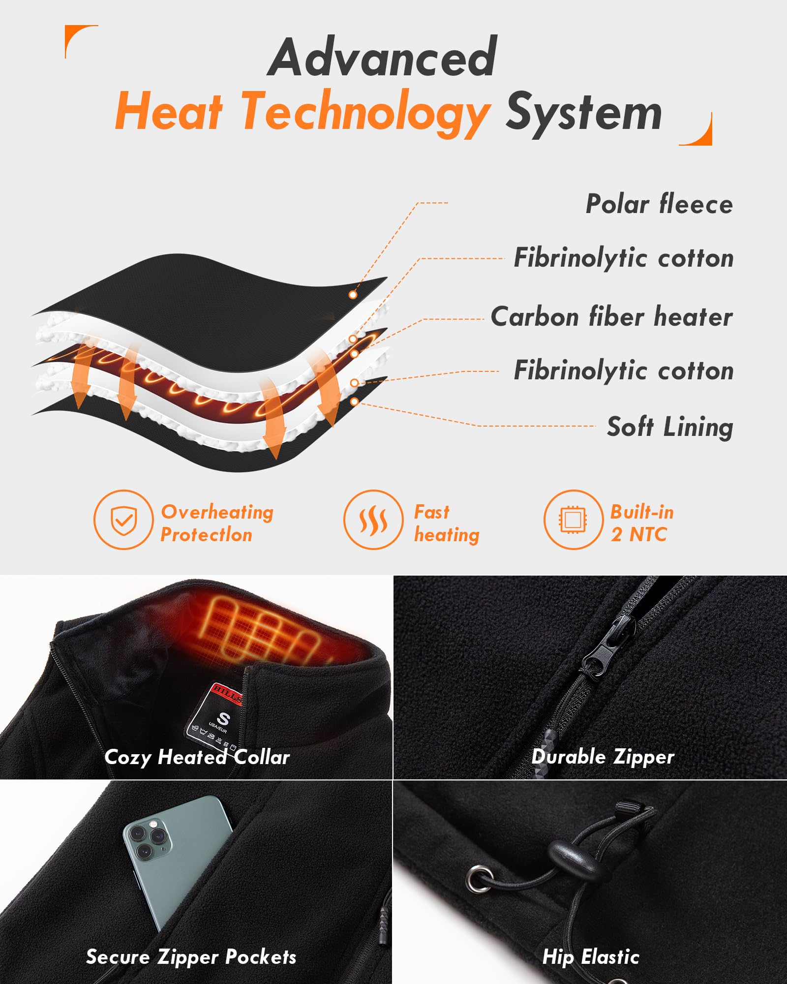 Beheizbare Weste, Fleece Heizweste Damen mit Powerbank 7.4V 12000mAh, Heizweste mit 8 Heizzonen, Beheizte Weste mit 3 Temperatur, Wärmeweste für Ski/Motorrad