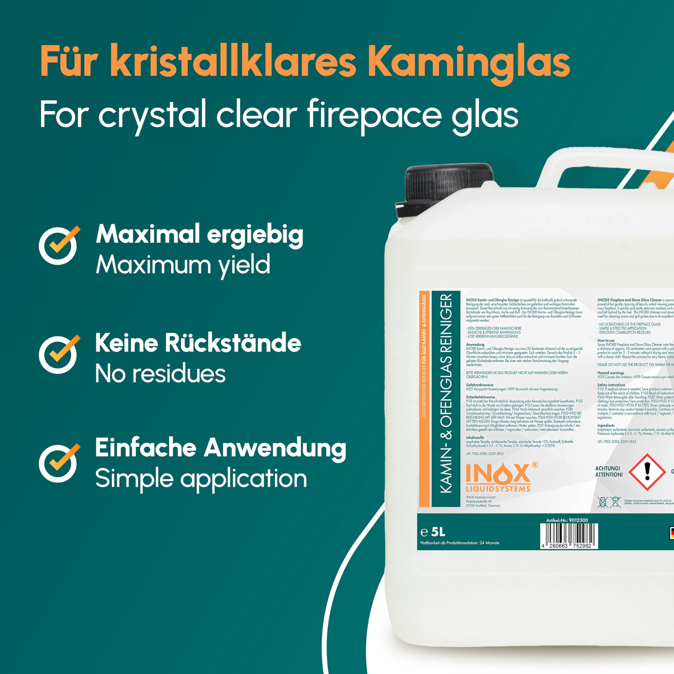 INOX® - Starker Kaminscheibenreiniger 5L Kanister | Perfekter Entrußer für Ihren Kaminofen | Ofenglasreiniger - entfernt Ruß, Rauchharz, Öl, & Fett auf Backofenscheiben