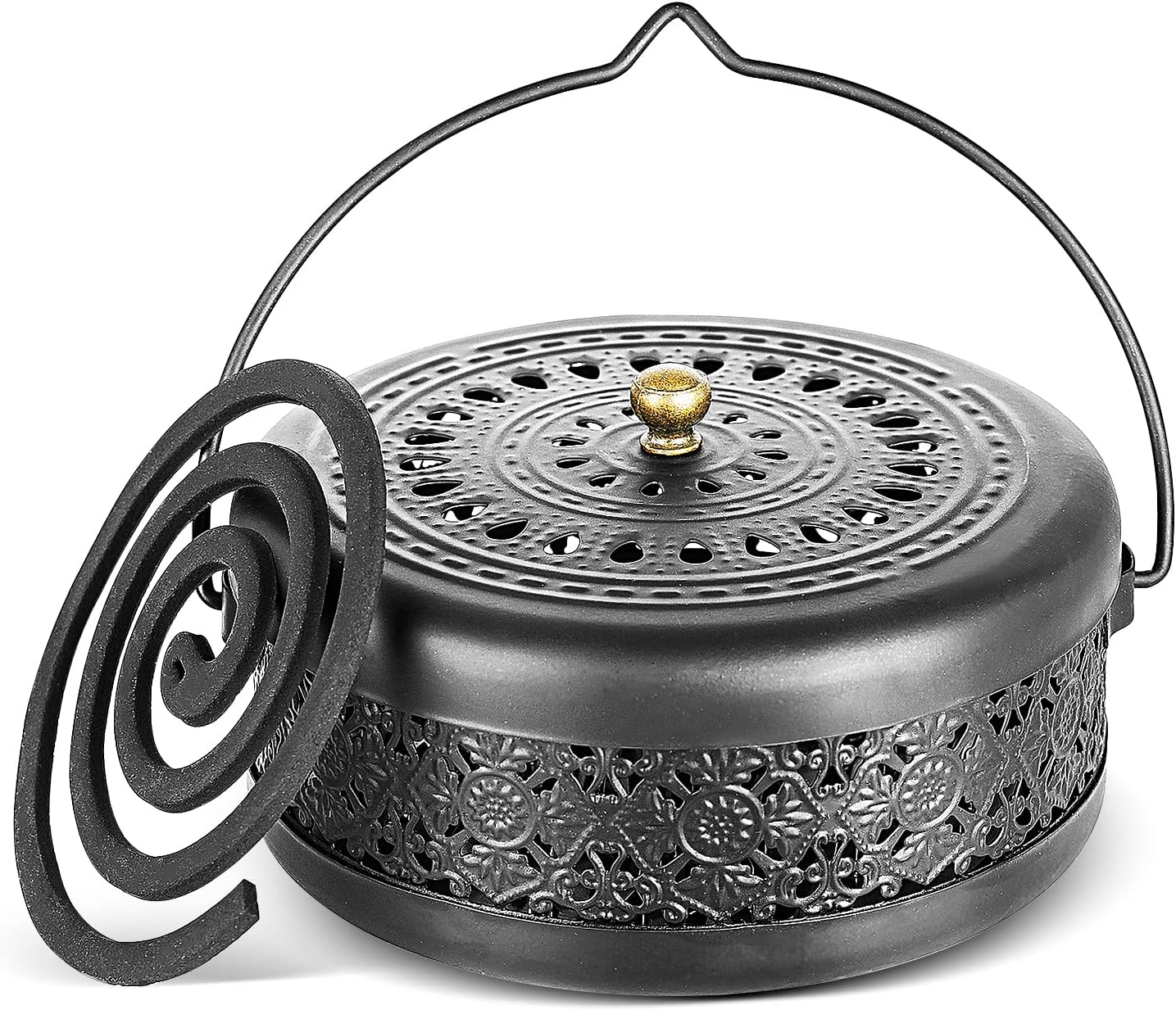 Classical Design Mosquito Coil Holder with Handle Round Iron Mosquito Incense Burner for Home (Black)