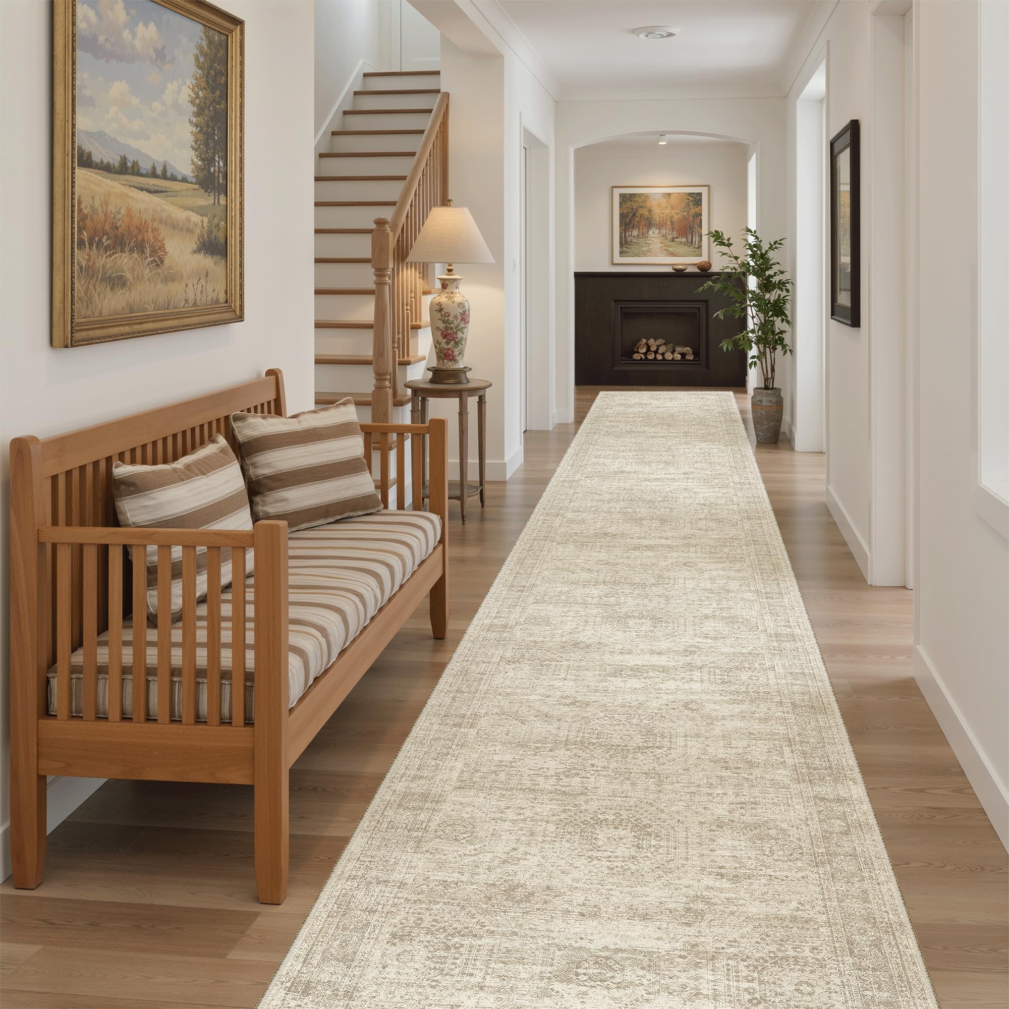 Photo 1 of Soalmost Runner Rug 2'6" x 14' Washable Non-Slip Runner Rugs for Kitchen Bathroom Laundry Room Vintage Ultra Thin Runners for Hallway Entryway Beige