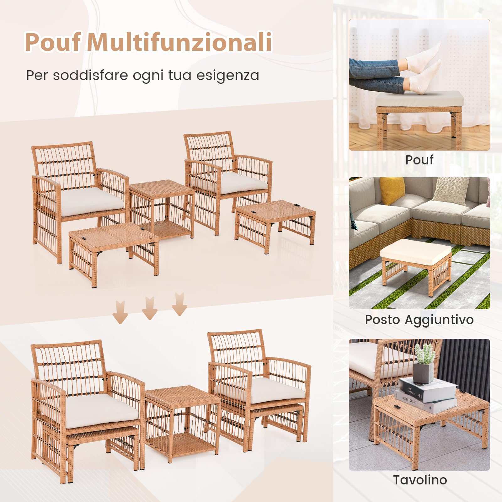 COSTWAY Set Salotto da Giardino per 2 Persone, Salottino Esterno in Rattan 5 Pezzi con 2 Poltrone, 1 Tavolino, 2 Pouf e Cuscini Imbottiti, Set da Giardino per Balcone e Terrazza