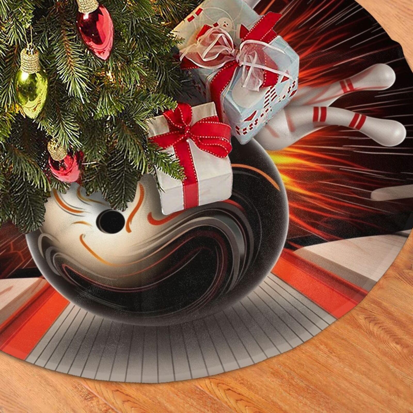 Fodpand Black Vintage Sport Bowling Ball Christmas Tree Skirt 36" Velvet Xmas Tree Skirt Mat Rustic Christmas Tree Mat Cover Winter Xmas Tree Collar For Indoor Outdoor Christmas Decorations