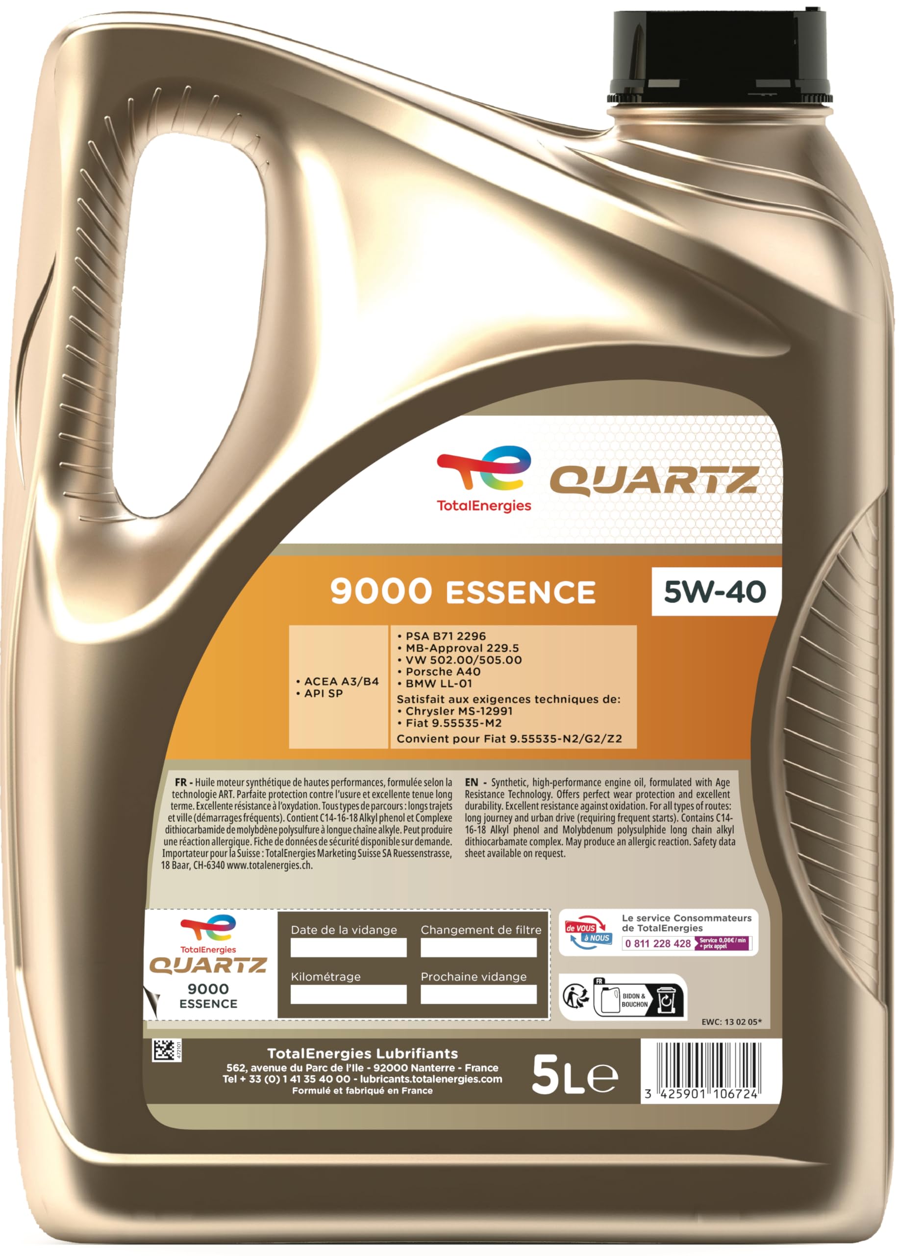 Aceite de Motor para Coche Total Quartz 9000 5 L 5W40