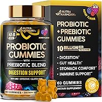 NUTRAHARMONY Probiotic Gummies 10B CFU with Prebiotics - Vegan Berry Flavor for Digestion, Debloat & Immune Support - 60 Sugar-Free Gummies