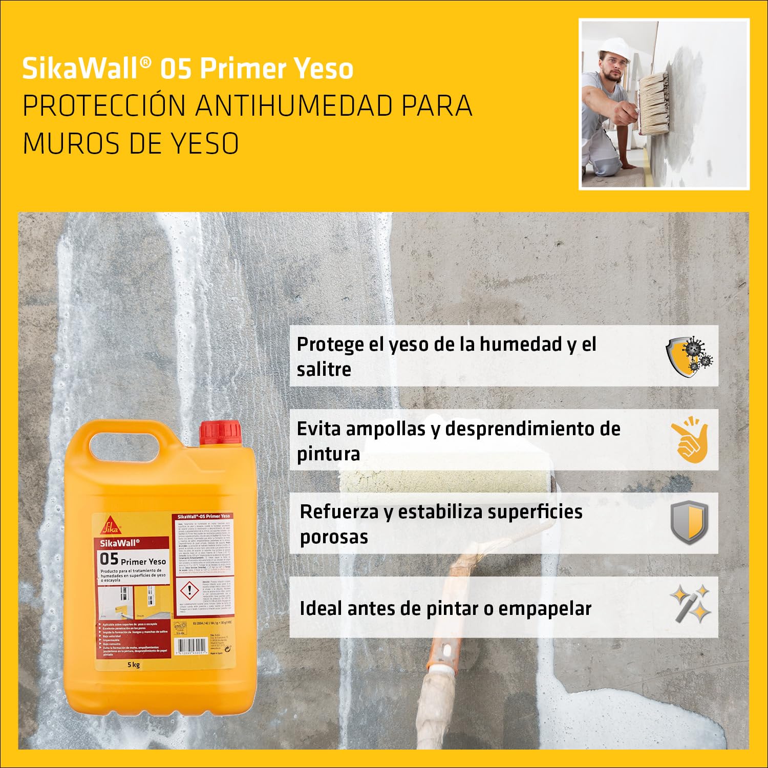 SIKA - Resina acrílica para yeso - SikaWall-05 Yeso - Blanco - 5kg | Para tratamiento de humedades en yeso - Lista para usar - Aplicación en muros interiores