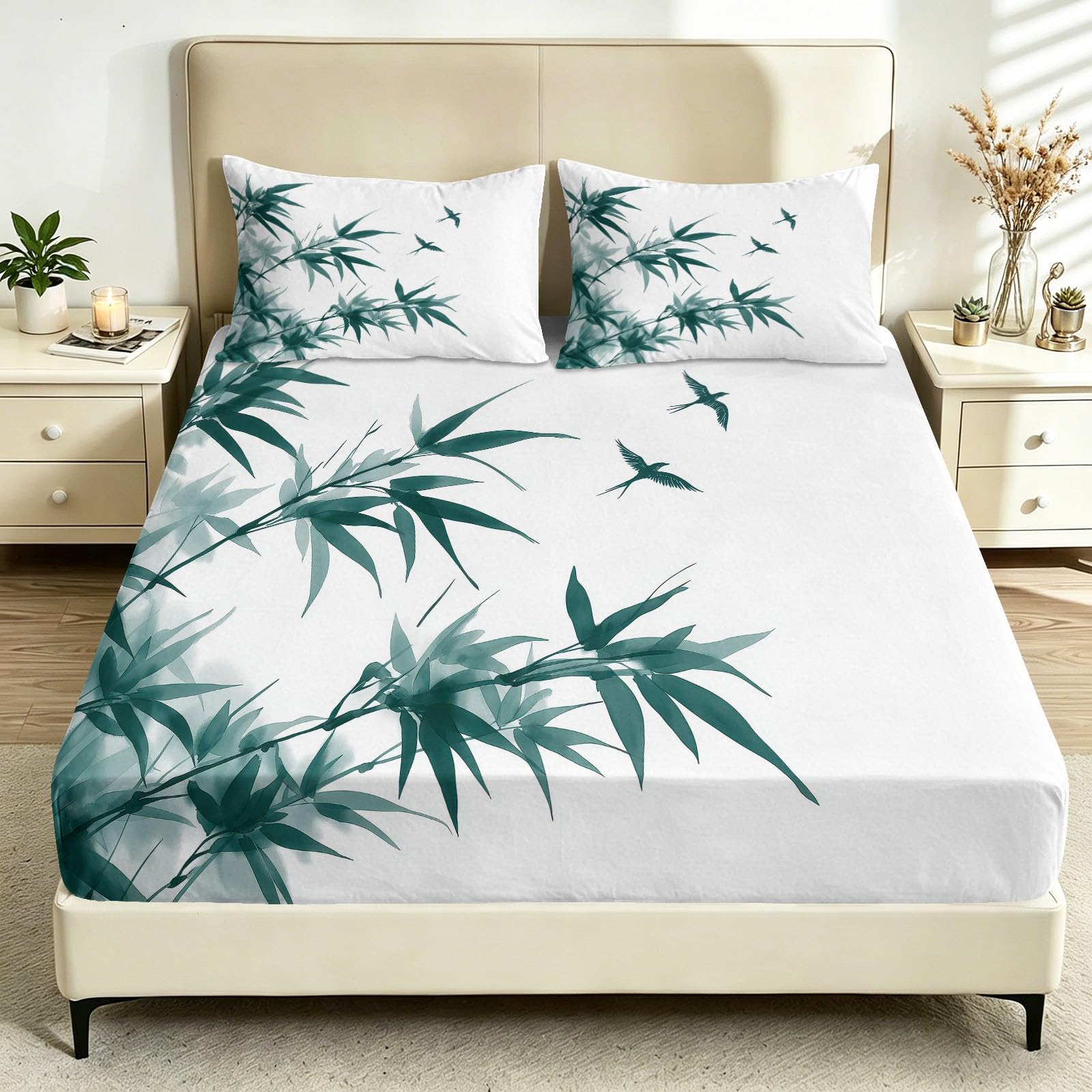 Sábanas de Bambú Golondrinas Sábana bajera Microfibra Esquina Profunda Ropa de Cama Chino Asiático Funda de Colchón Antideslizante Lavable para Adultos Adolescentes Dormitorio 200 x 200 cm