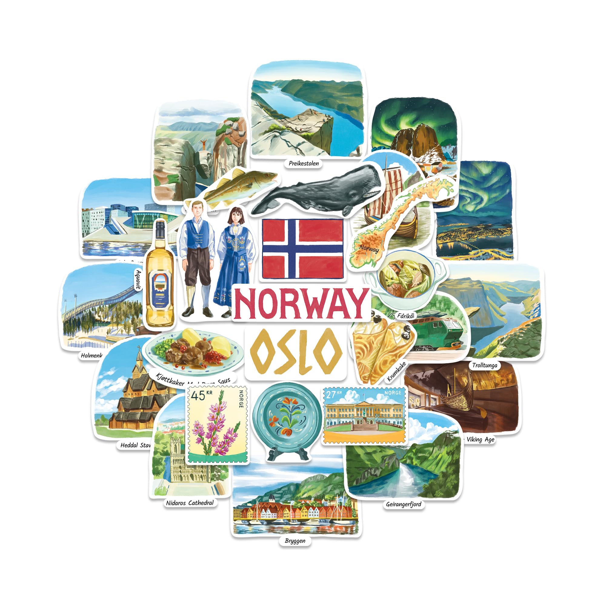 Navy Peony Nordic Norway Statement Stickers - Hand-Painted Watercolour, Glossy, Waterproof - for Suitcases, Laptops, Water Bottles (28-Piece Set)