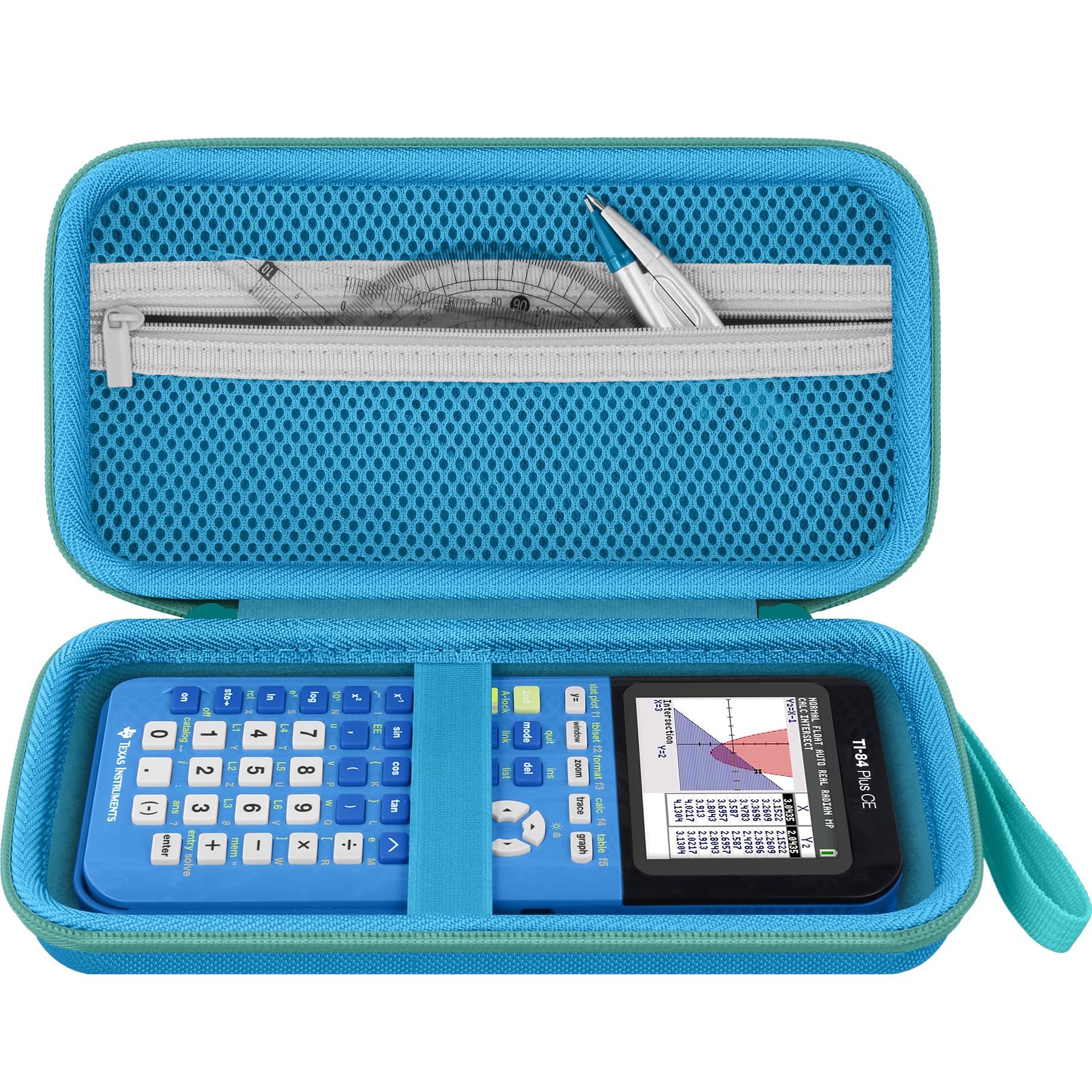 Baval Calculator Case Compatible with Texas Instruments TI-84 Plus CE/TI-84 Plus/TI-Nspire CX II CAS/TI-Nspire CX II/TI-83 Plus/TI-89 Titanium Color Graphing Calculator(Blue Case,Mint Green Zipper)