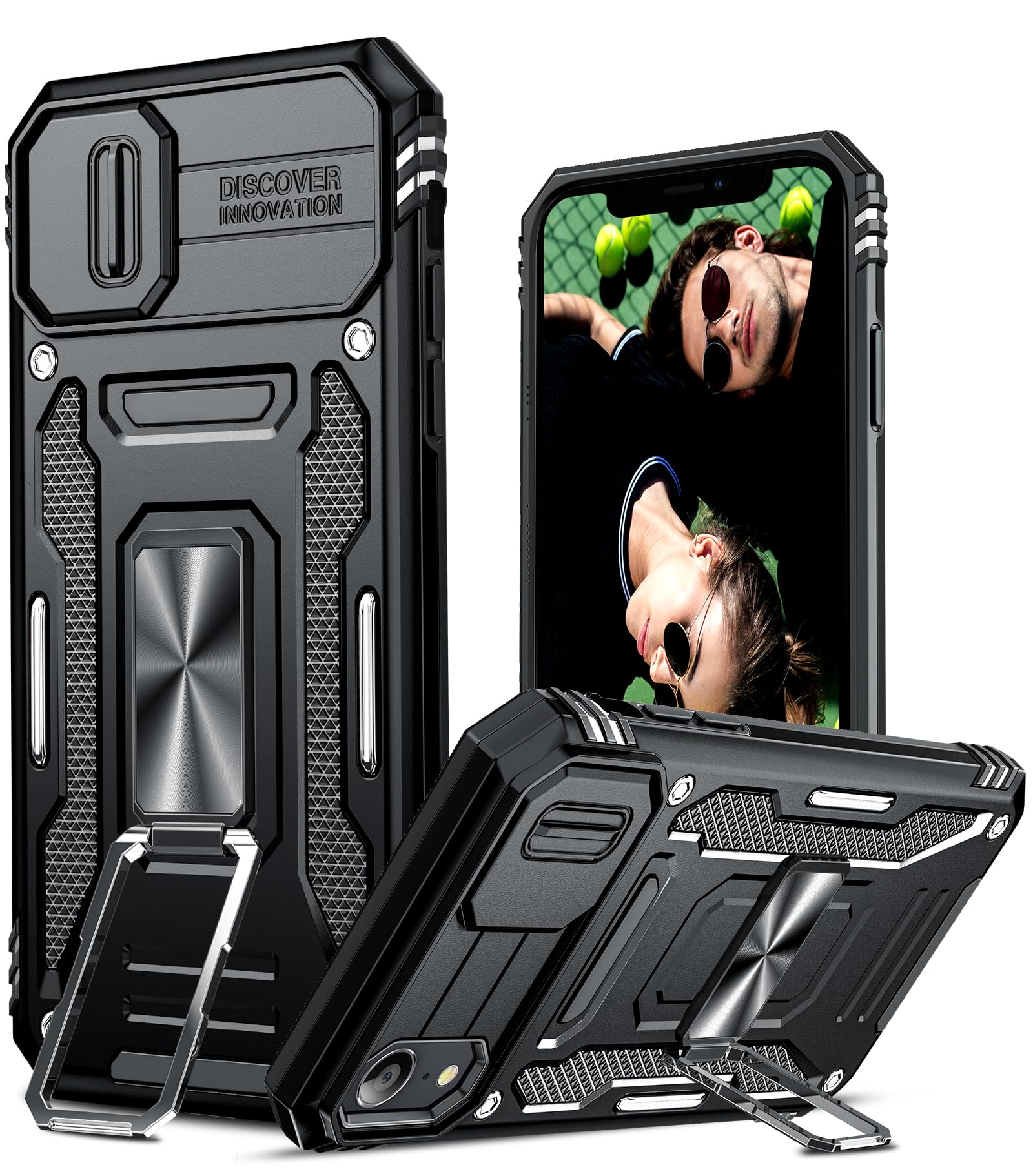 LeYifor iPhone XR Case: iPhone XR Phone Case with Slide Camera Cover, Full Body Military-Grade Case with Upgrade Kickstand for iPhone XR, Black
