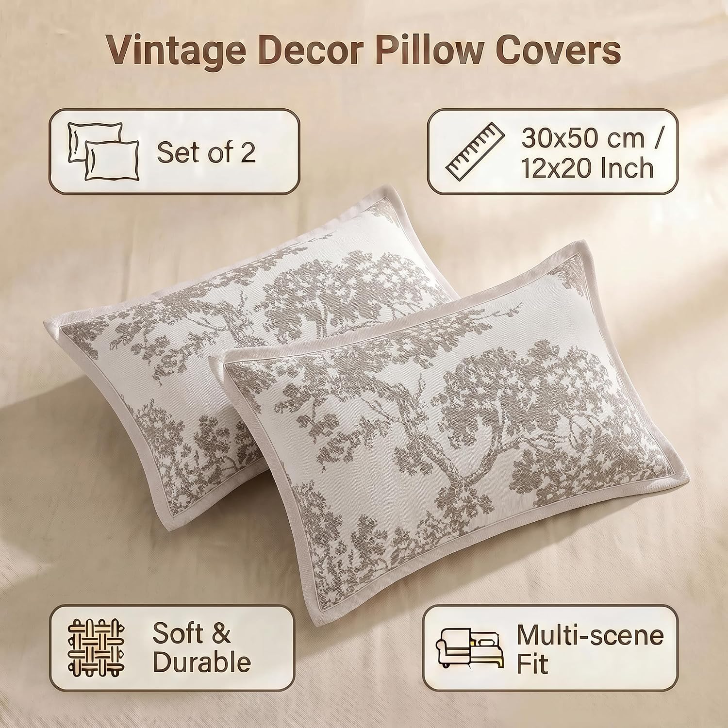 Floral Patterned Fall Lumbar Throw Pillow Covers 12x20 Set of 2, Chenille Textured Soft Velvet Decorative Cushion Covers for Couch Bed Sofa, Rust Vintage Home Decor for Living Room Bedroom, Taupe image 3