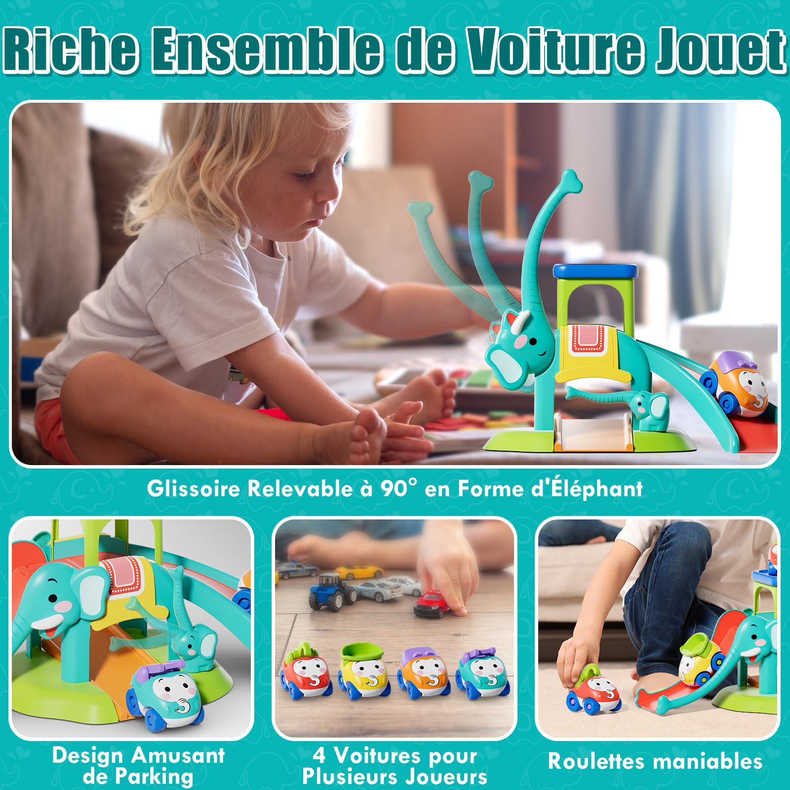 Lehoo Castle Jouet de Voitures pour Enfant 1 2 3 Ans, Cadeau pour Enfant, Toboggan Éléphant avec 4 Voitures a'Animaux, Jeux Éducatif pour Bébé 12+ Mois, Piste de Voitures à Pousser