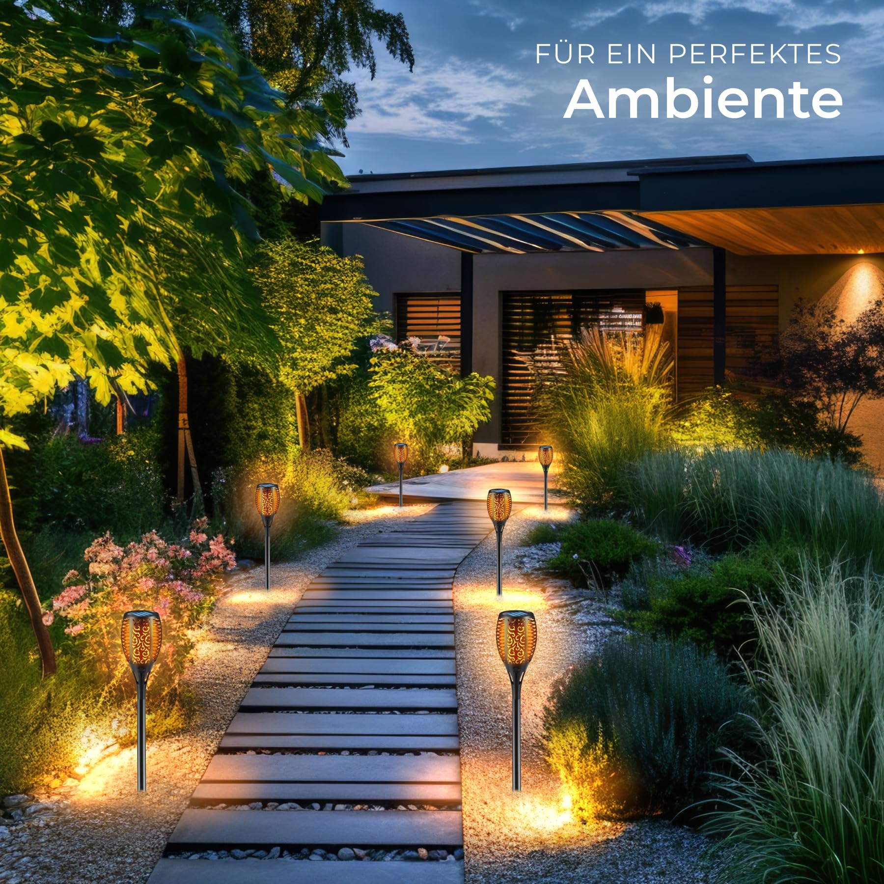 tectake® 6x LED Solarlampen für außen, für Garten, als Wandleuchte, Solar Lampe Fackeln für Draußen, Aussenlampe Wand, Solarleuchten, outdoor Gartenfackeln, Gartenleuchten, Wegbeleuchtung