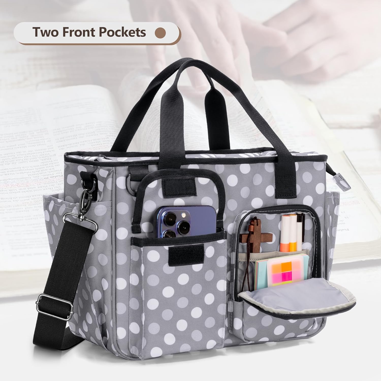 LUXJA Large Bible Bag with Water Bottle Pocket and Shoulder Strap, Bible Tote Bag for Women with Multiple Pockets (Bag Only), Polka Dots - Image 3