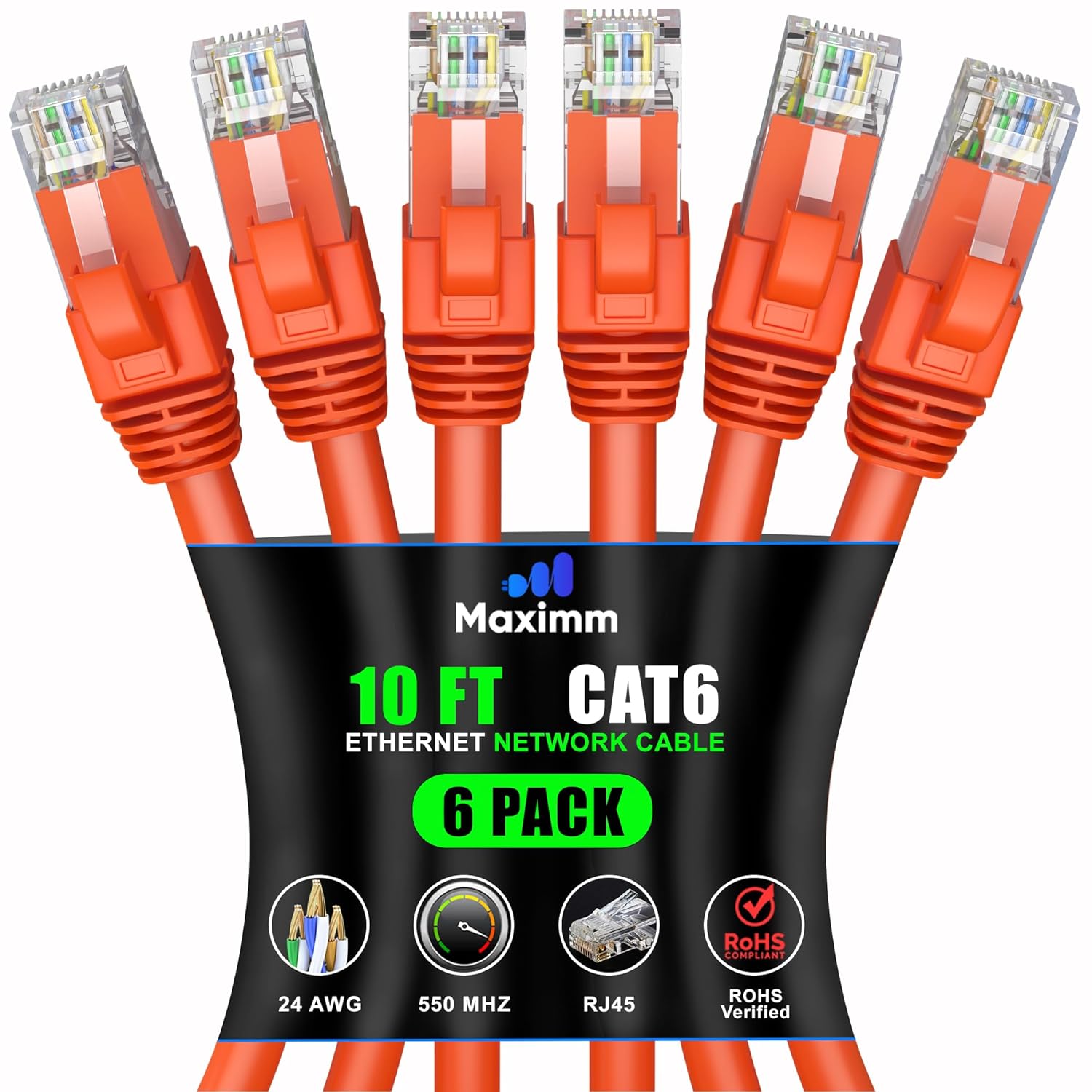 Maximm Cable Ethernet Cat 6 de 10 pies (paquete de 6) – Cable LAN de alta velocidad, cable de Internet, cable de conexión y cable de red – UTP,