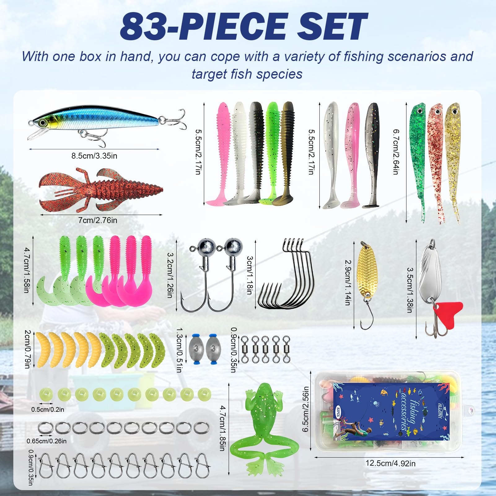 Allony Señuelos de Pesca, 83 Piezas Kit de Pesca Accesorios, Incluye Accesorios, Señuelos, Caja de Aparejos, Anzuelos y Más para Todos los Peces, Apto para Agua Dulce y Salada