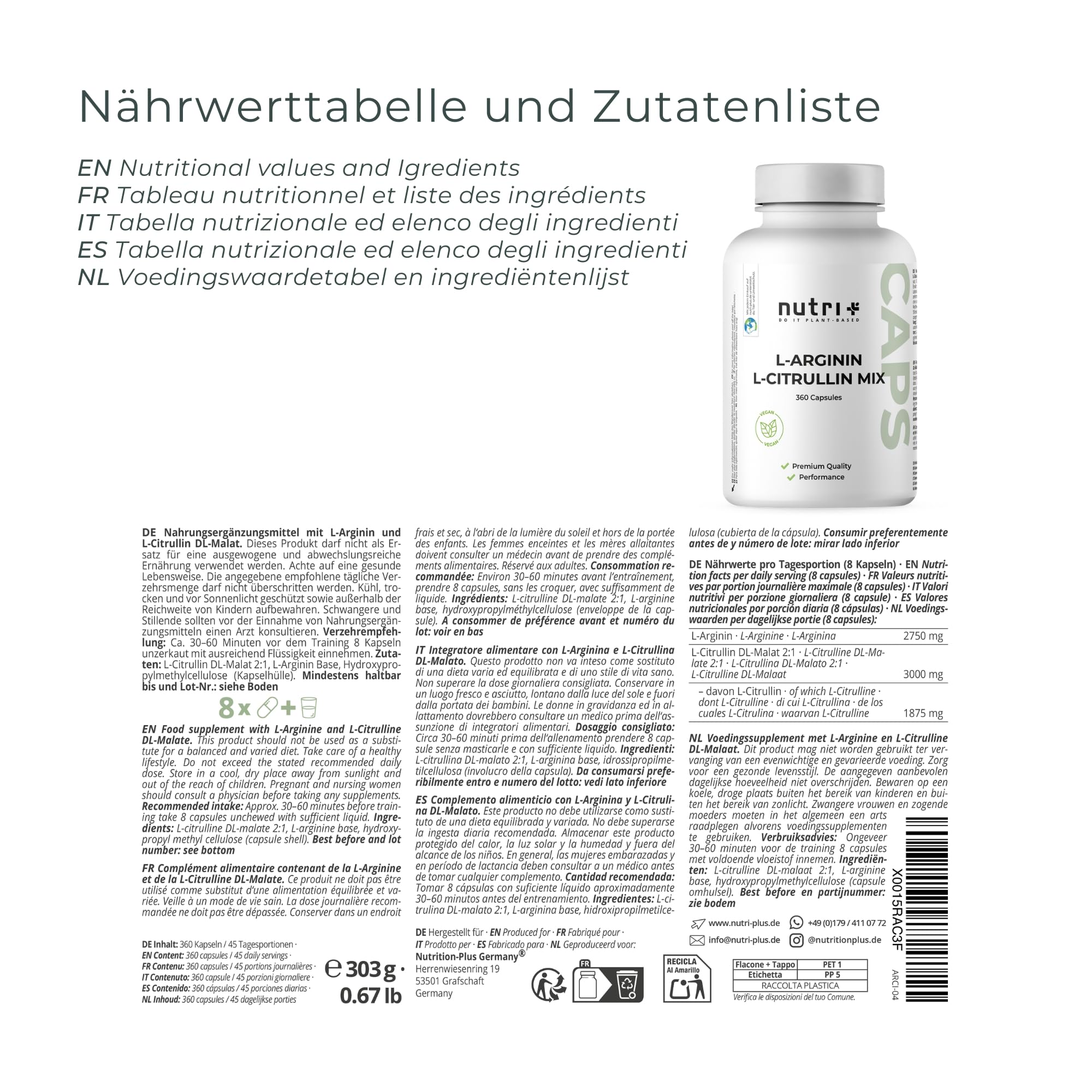 Nutri + Arginin Citrullin Kapseln - 360 Caps hochdosiert + vegan - 3000 mg L-Citrullin Malat + L-Arginin Base - Premiumqualität ohne + Zusätze