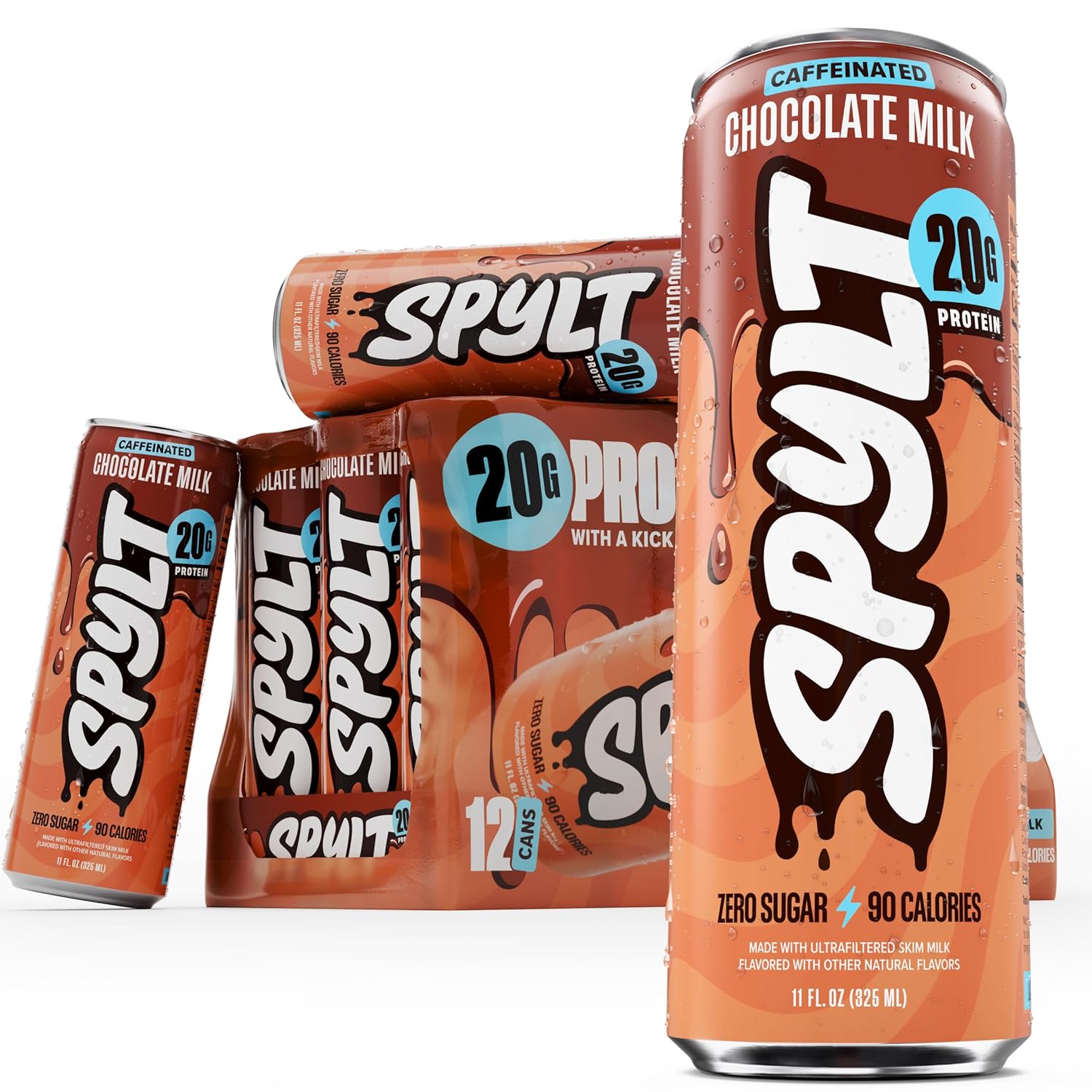 Spylt High Protein Chocolate Milk with 60mg Caffeine & 20g Protein - 90 Calories, Ready to Drink, Sugar Free, Lactose Free Milk, Perfect for Workout Recovery & Afternoon Pick Me Up - 12 Count - Packaging May Vary
