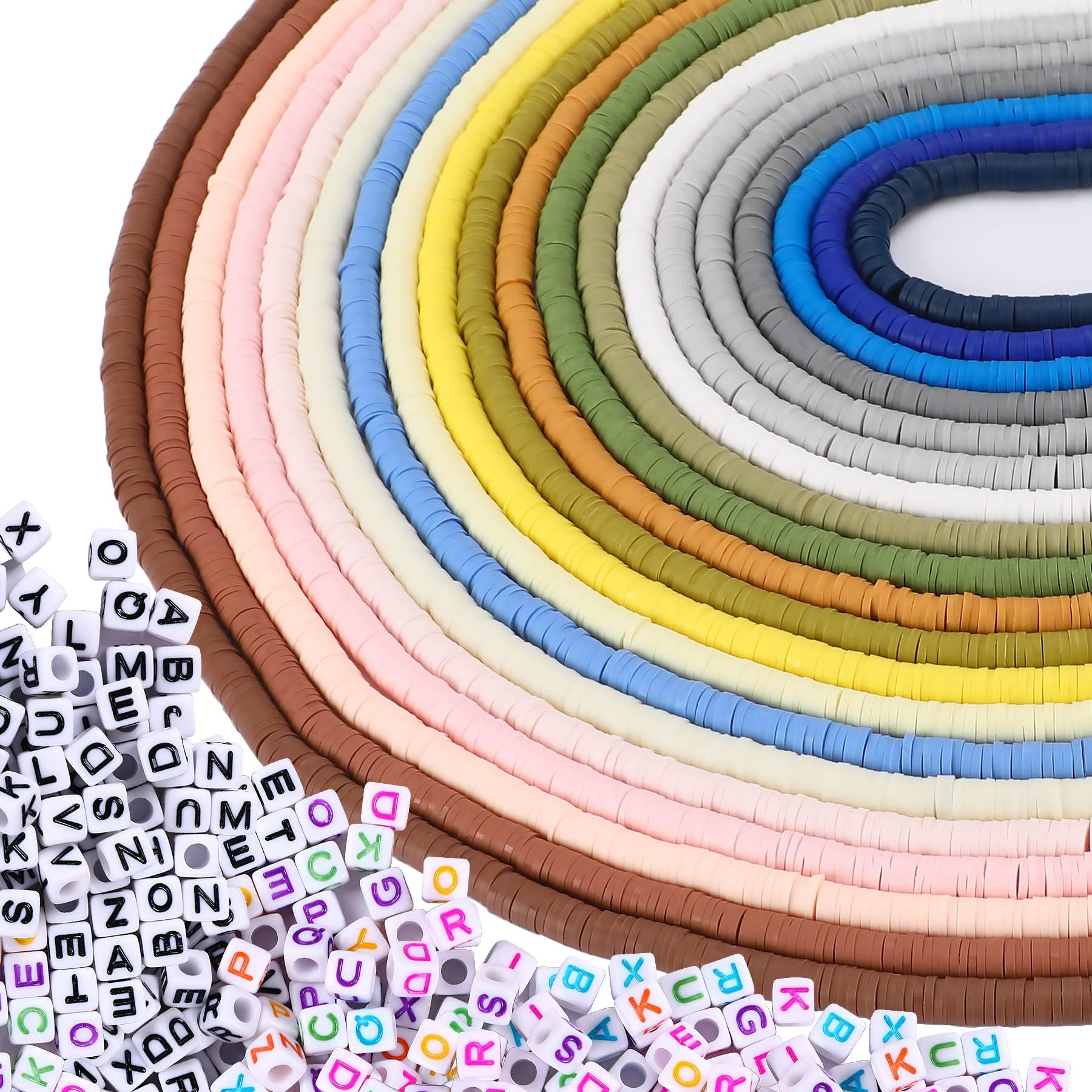 7200 Pcs Colorful Flat Clay Beads and Alphabet Beads for DIY Polymer Colorful Round Handmade Heishi Jewelry Making Beads for Necklace Bracelet Earring Pendant and Anklet Craft Making (20 Strands 6mm)