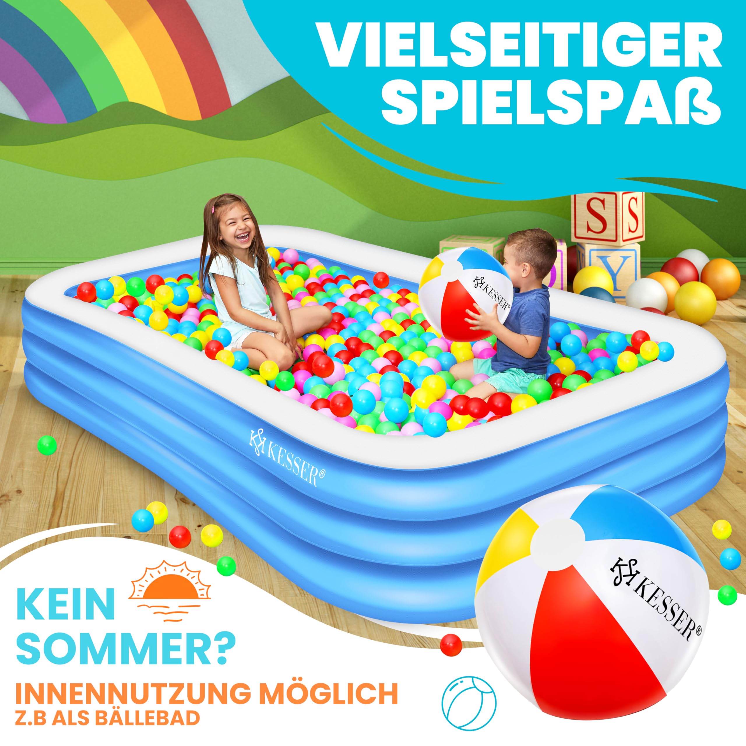 KESSER® Piscine Gonflable Familiale pour Enfants et Adultes, Rectangulaire Bleu Clair, 240x142x56 cm, 613 litres, Adaptée aux Enfants, Trous de Drainage