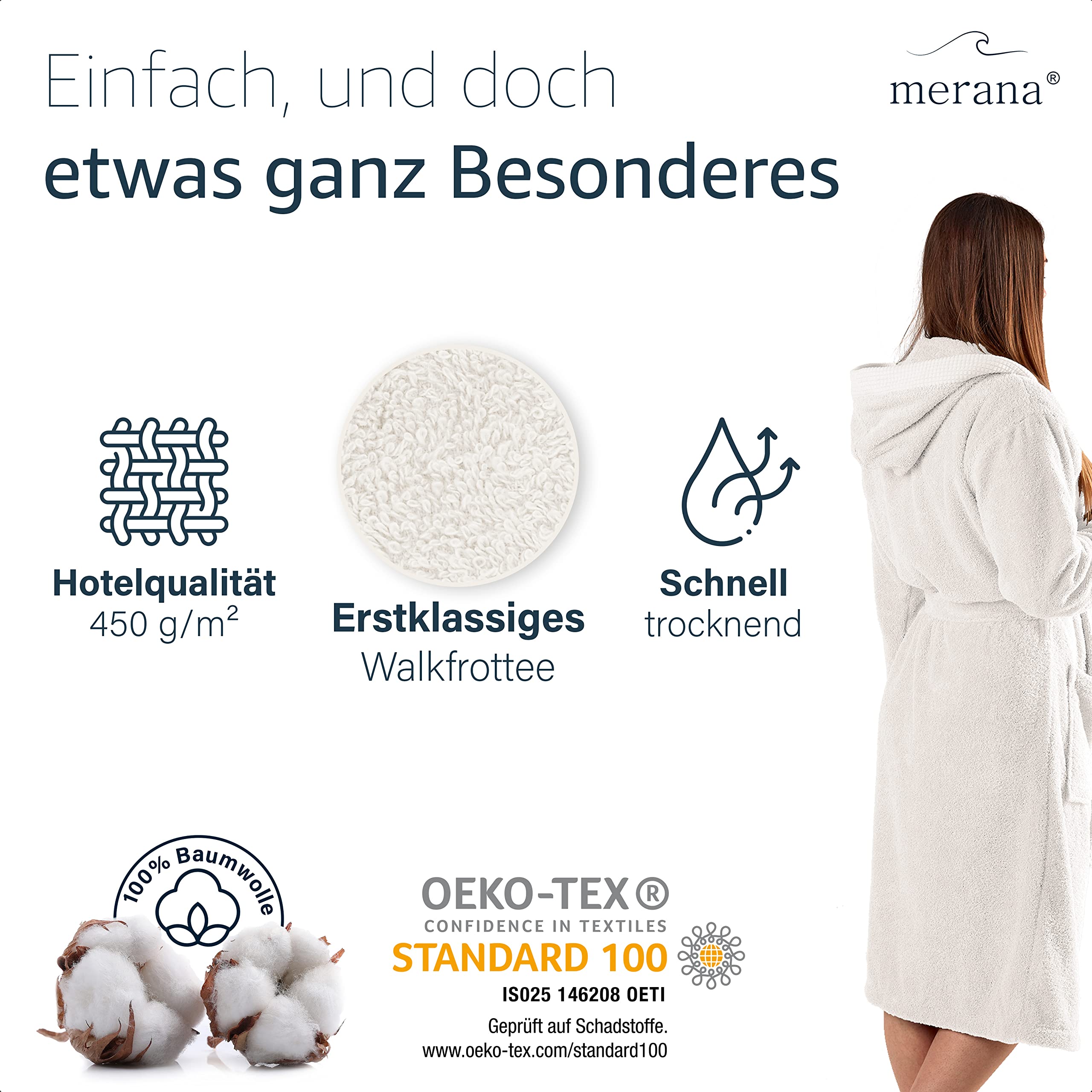 Merana Rome Bademantel Unisex | kuschelweicher und saugstarker Bademantel für Herren und Damen mit großer Kapuze | Frottier Luxus Qualität | 100% Baumwolle | Oeko-TEX | Premium Hotelqualität 450 GSM