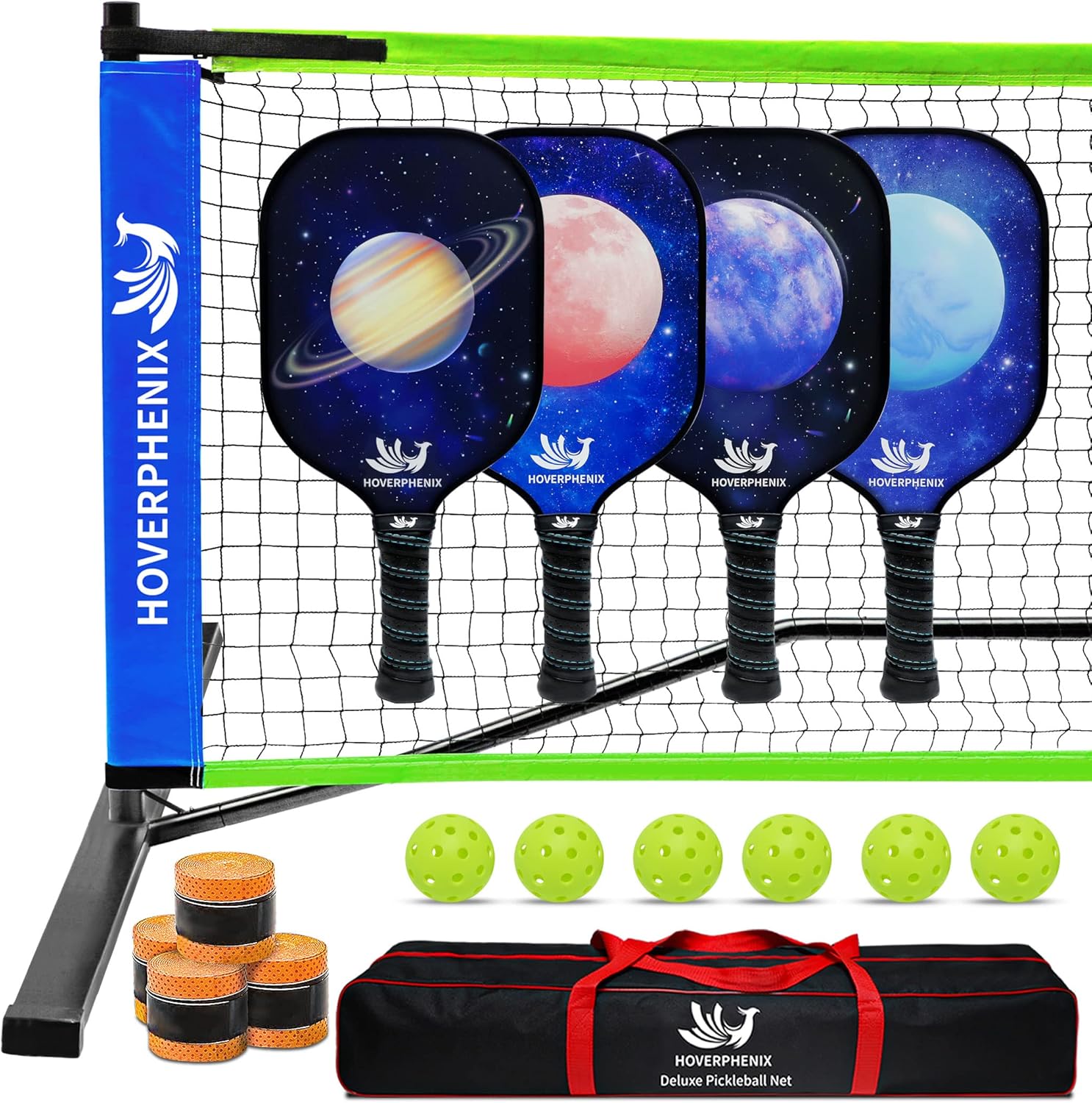 Hoverphenix Pickleball Set with Net for Driveway Portable Regulation Size Pickleball Net System with Paddle Set of 4, Outdoor Pickleballs, Carry Bag, Weather Resistant Metal Frame Blue and Green fiberglass paddles