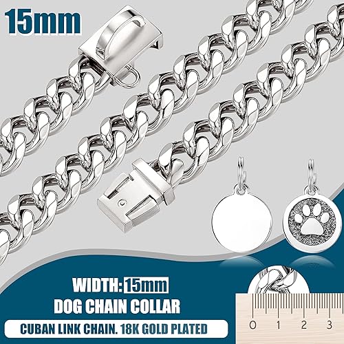 Miniatura 3 de iDofas Collar de cadena para perro de 0.59 pulgadas con eslabones cubanos plateados con hebilla a presión, collar de cadena de metal de acero