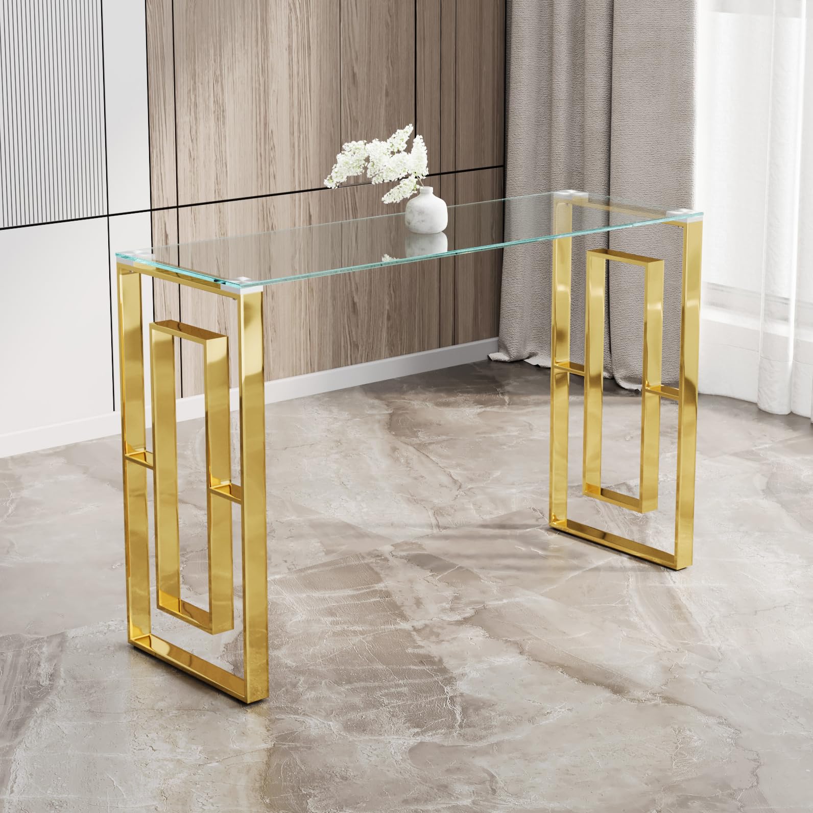 Goujxcy 47" Glass Console Table with Gold Stainless Steel Frame Legs Luxury Narrow Slim Console Table Glass Entryway Table for Living Room Hallway