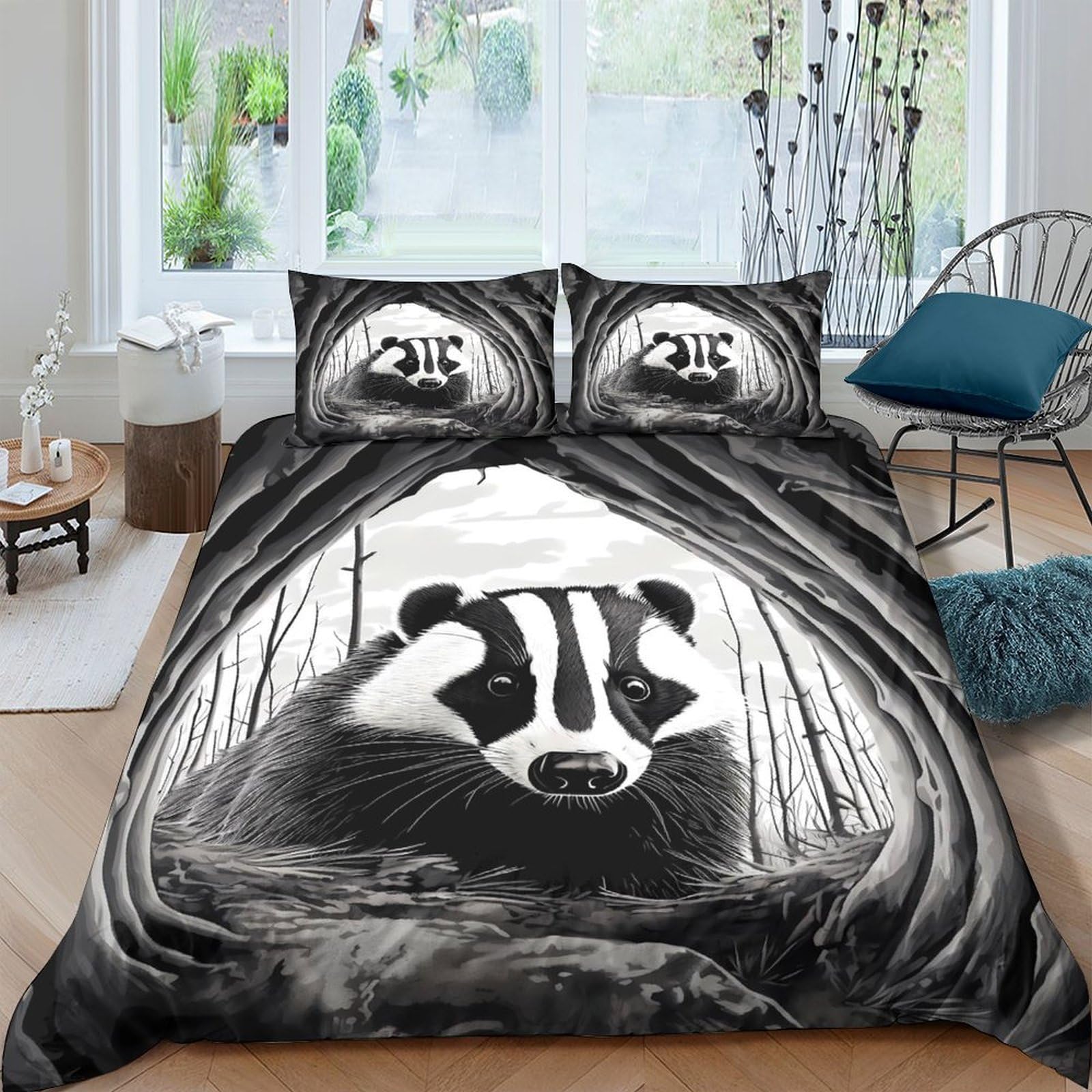 Ctjqhvkz Style-5 3D Printed Badger Forest Fitted Sheet Microfiber Soft Black White Animal Pattern Bed Cover For Bedroom Guest Room Single（135X200cm）