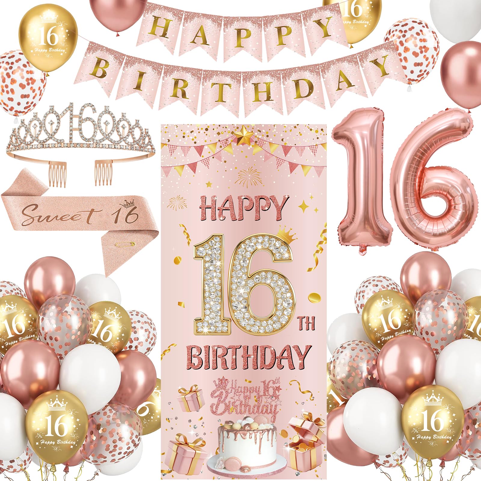 16th Birthday Decorations for Girls, Sweet 16 Rose Gold Party Set