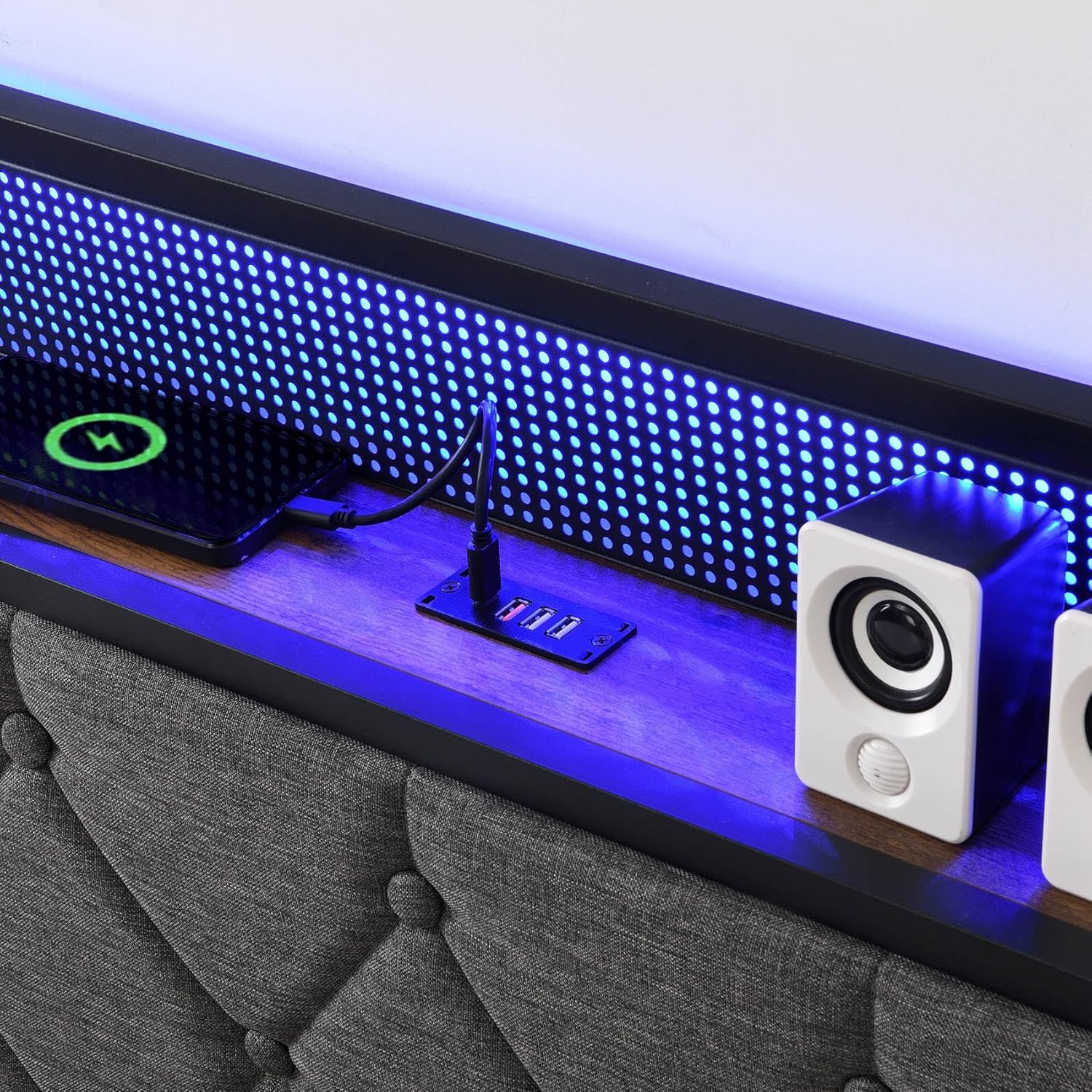 Full Size Bed Frame with Upholstered Headboard, LED Bed Frame with Charging Station, RGB LED Lights by APP or Remote Control, Noise-Free Heavy Duty Metal Slats, No Box Spring Needed