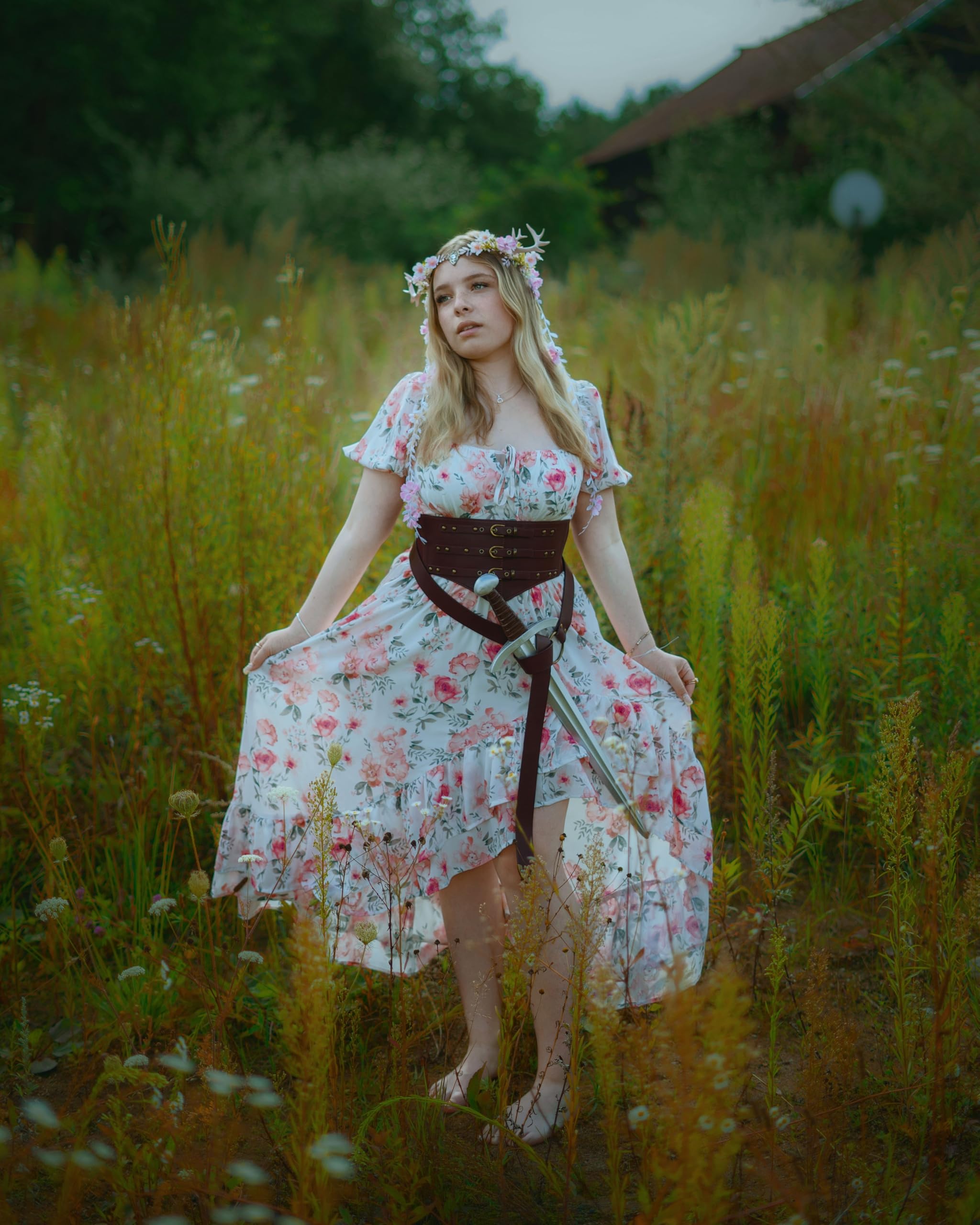 Scarlet Darkness Cottagecore Corset Dress Flowy Chiffon Floral Dresses for Women