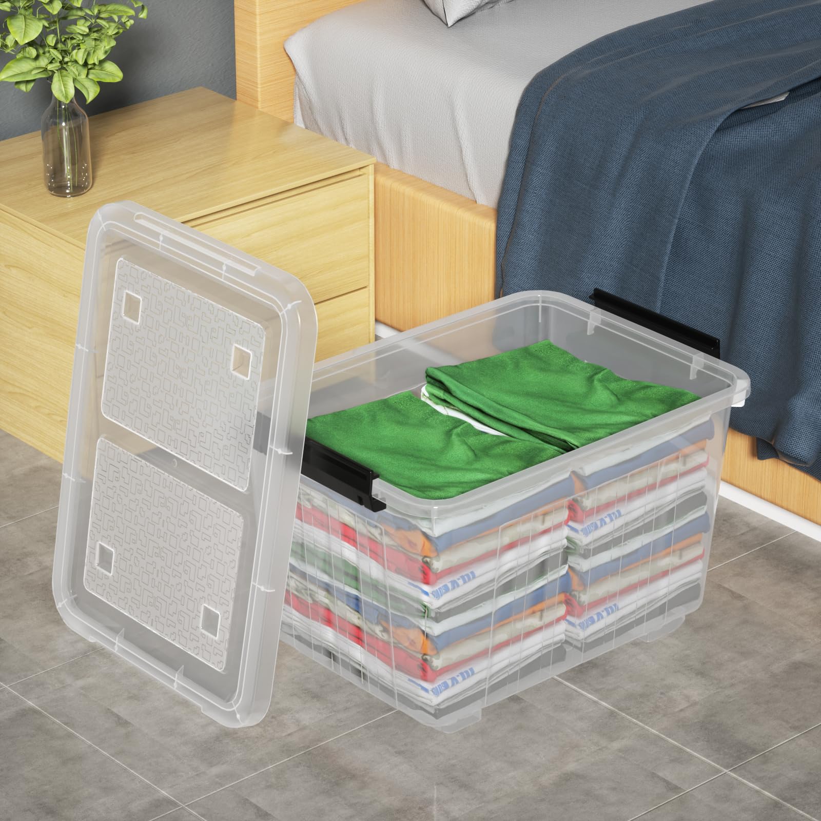 Contenedor de almacenamiento apilable de plástico transparente de 30 cuartos con tapa, paquete de 4 cajas de cierre de plástico con ruedas