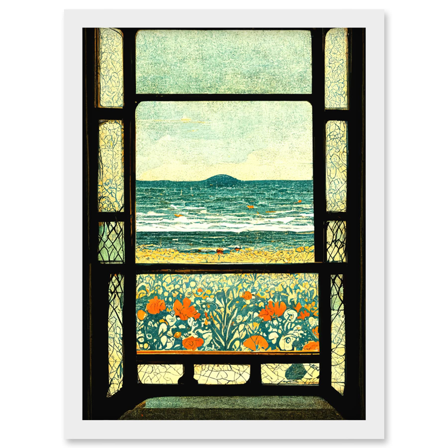 Doppelganger33 LTD A Sea View Seaside Beach Flowers William Morris Artwork Framed Wall Art Print A4