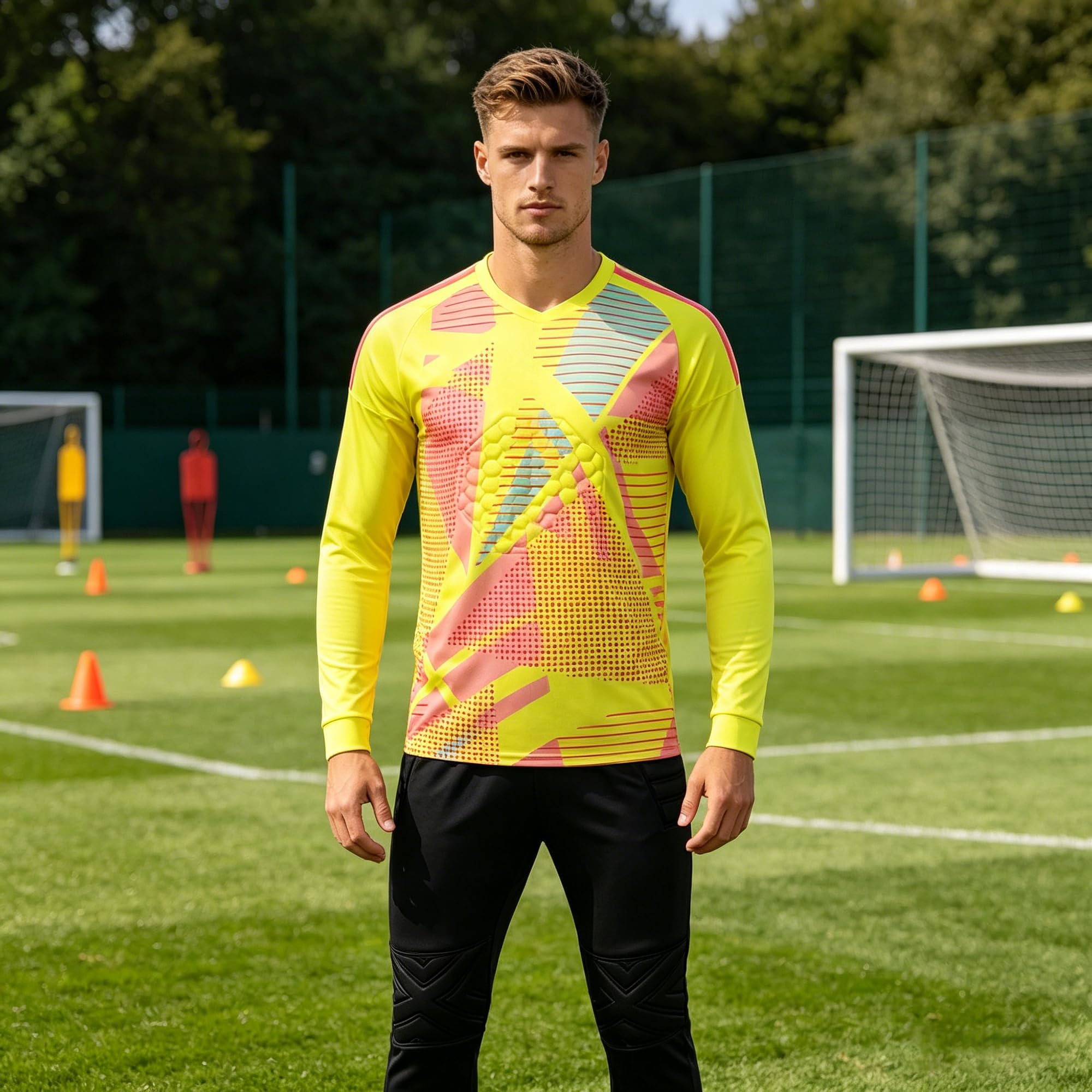Maglia da portiere per adulti e bambini, traspirante, con pantaloncini, set da calcio, con imbottitura imbottita, attrezzatura da portiere