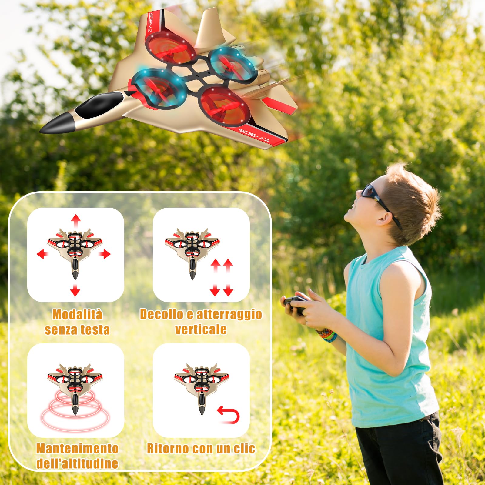 JONRRYIN Aereo telecomandato Bambini, 2,4 GHz Aereo RC con LED, Radiocomandato Giocattoli Volanti per Bambini con Giroscopico a 6 assi, Aliante Volante Giocattolo per Bambini Compleanno Natale Festa