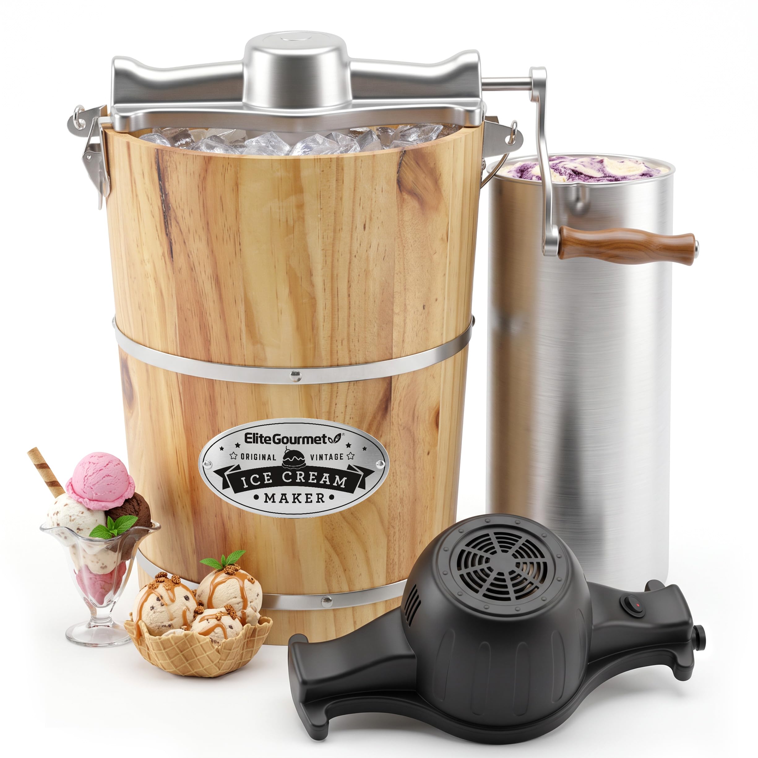 Elite Gourmet EIM916 6Qt Old Fashioned Wood Bucket Ice Cream Maker