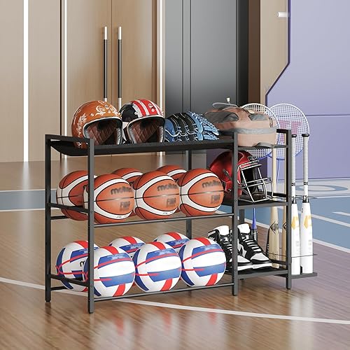 Miniatura 9 de Organizador de equipo deportivo, estante de almacenamiento de bolas de 3 niveles con soporte para bate de béisbol, bastidores de baloncesto para