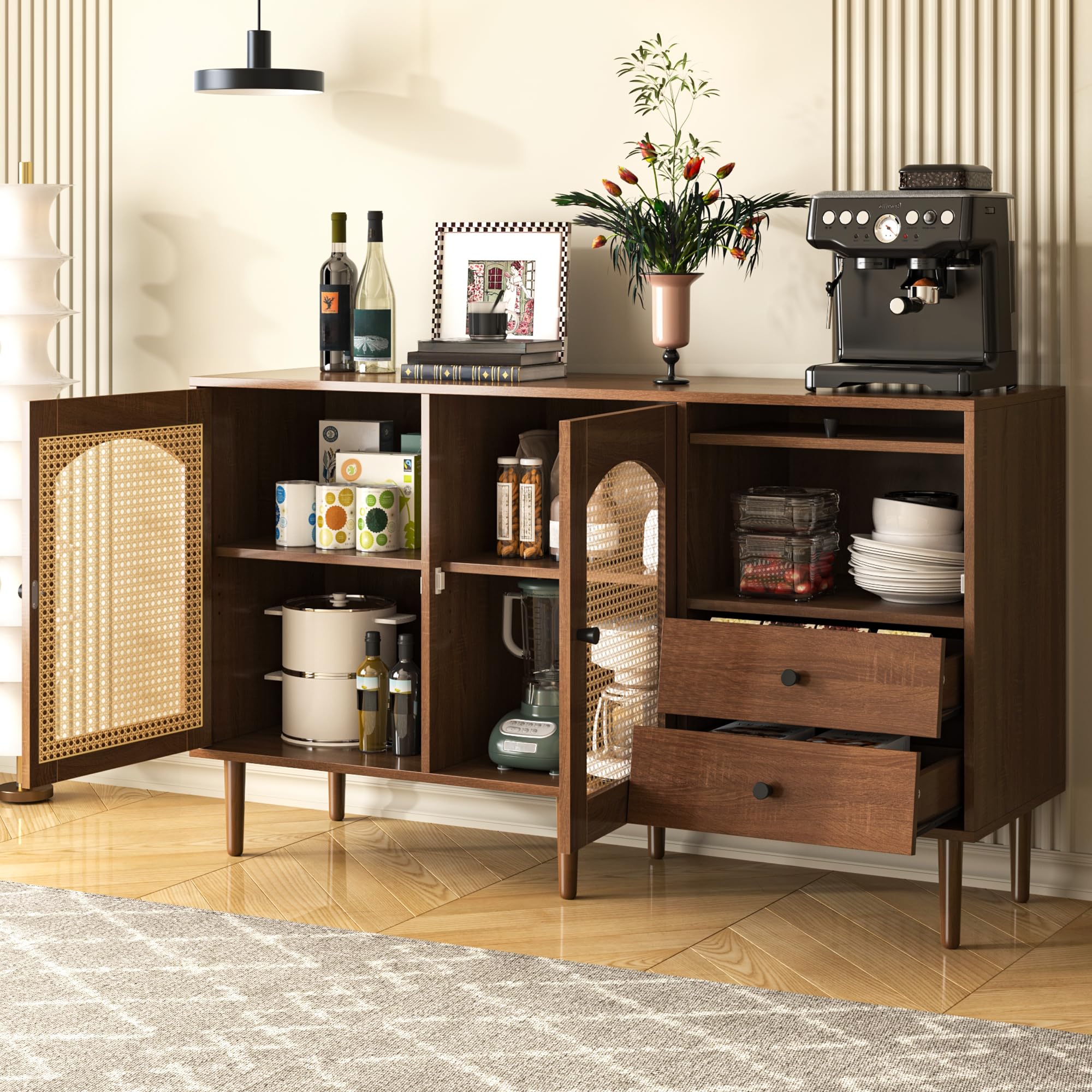Credenza in stile country con ante in rattan cassettiera ripiani regolabili mobile per soggiorno camera da letto sala da pranzo mobile buffet colore legno