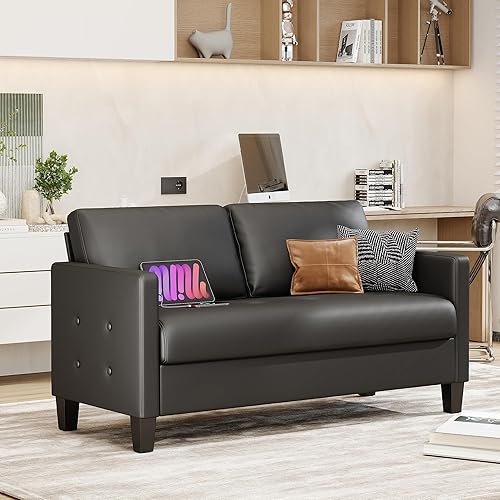 Miniatura 9 de STHOUYN Sofá de piel sintética negra de 59 pulgadas, moderno y cómodo sofá de dos plazas de oficina con USB y reposabrazos copetudo, sofás pequeños