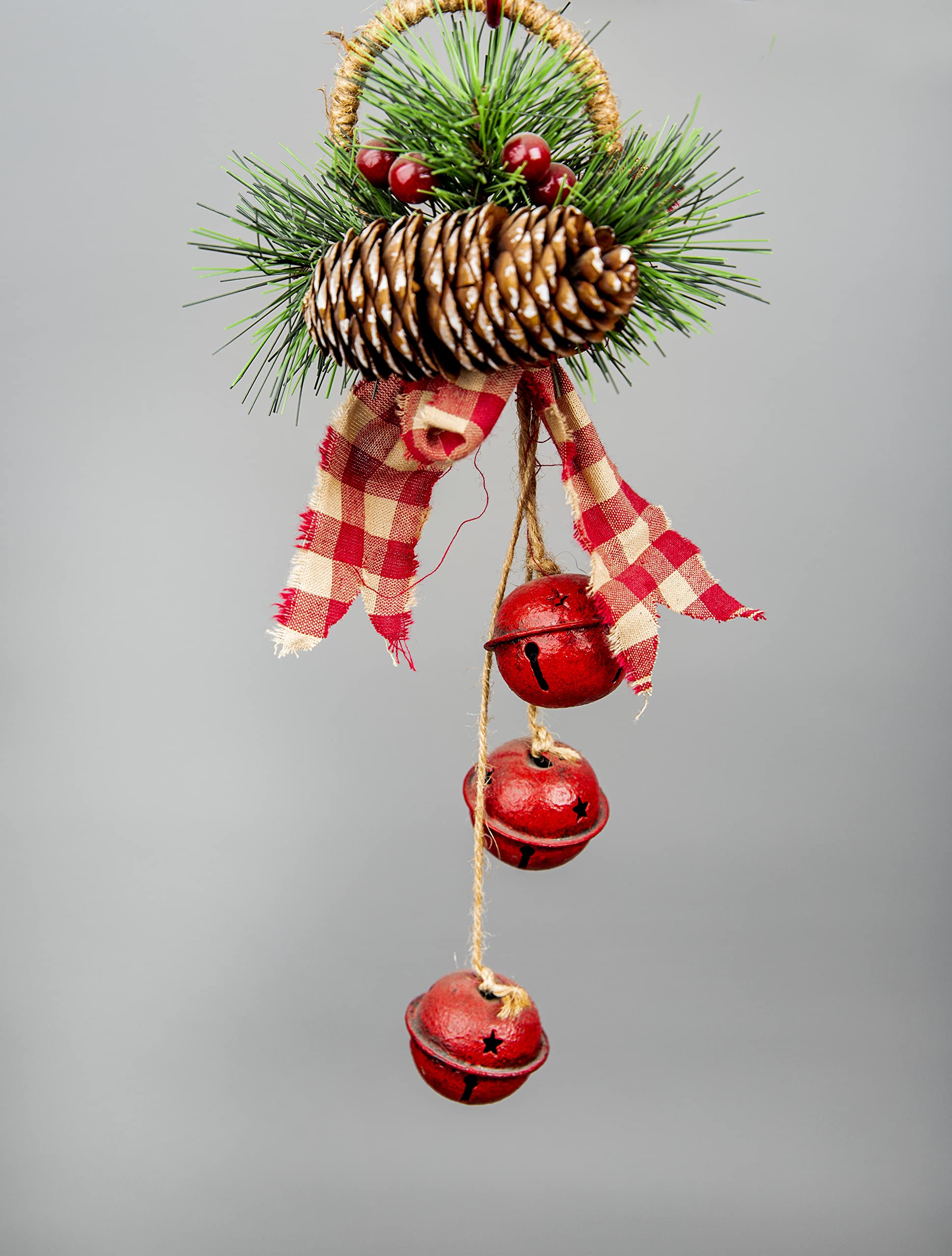 27cm Hanging Decorations Red Bells with Ribbon, Berries and Pinecones Christmas Home Wall Door Jingle Xmas Holiday DIY Decorations