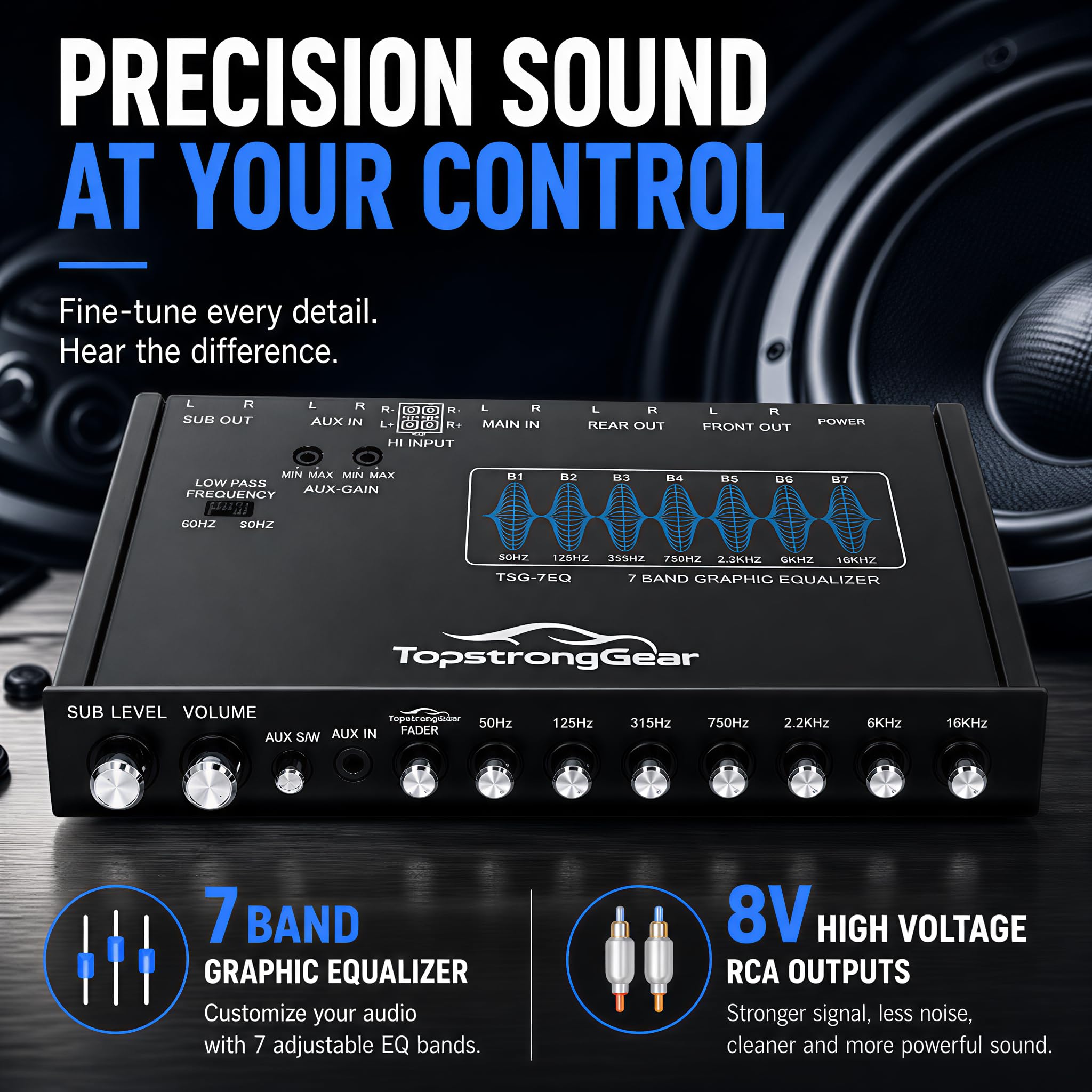TOPSTRONGGEAR TSG7EQ - Ecualizador gráfico de audio para automóvil de 7 bandas con entrada auxiliar frontal de 3.5 mm, salidas RCA de alto voltaje y entradas de altavoz de alto nivel