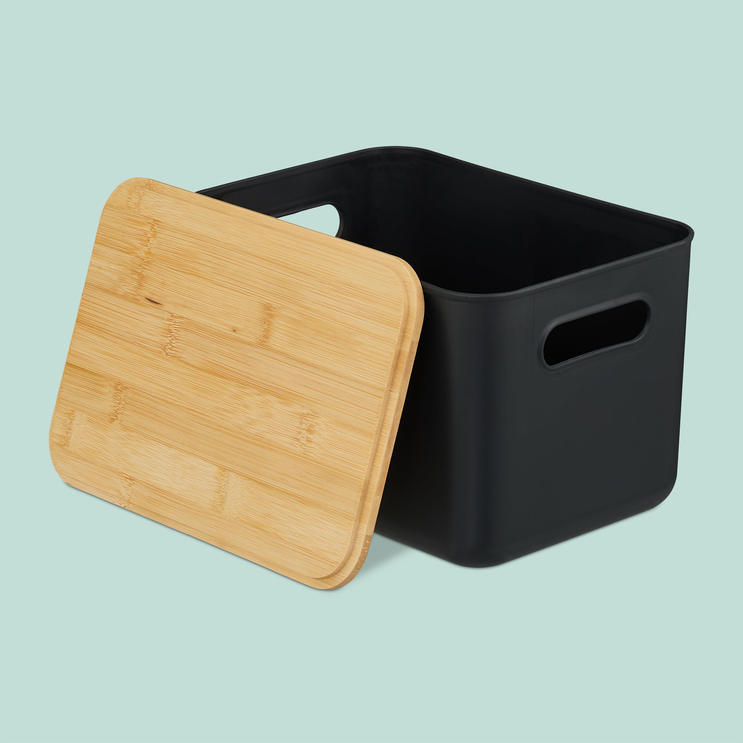 Relaxdays Set de 4 Cajas de Almacenamiento con Tapa, plástico y bambú, Asas, 16x26x17.5 cm, Negro