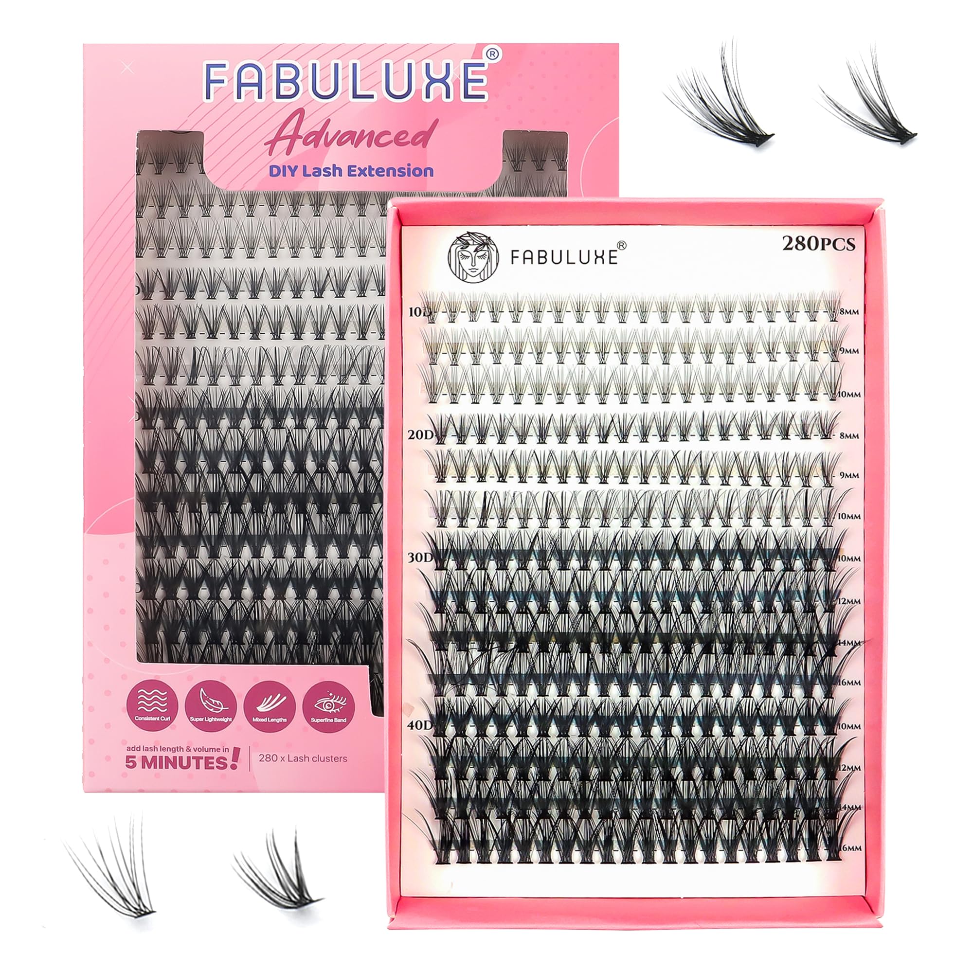 Fabuluxe 280 Pcs D Curl Cluster Lashes, Soft, Lightweight Individual Eyelashes, Easy to Apply DIY Lash Clusters