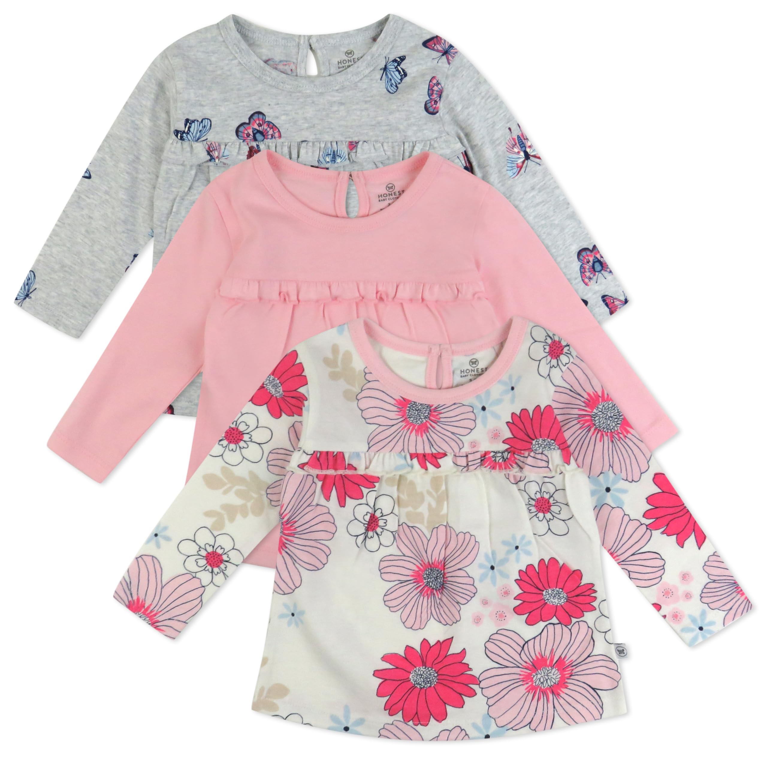 HonestBaby Baby Girls' 3-Pack Long Sleeve Babydoll Top with Gathered Yoke 100% Organic Cotton for Infant Baby Girls 18-24 Months Delicate Floral Pink