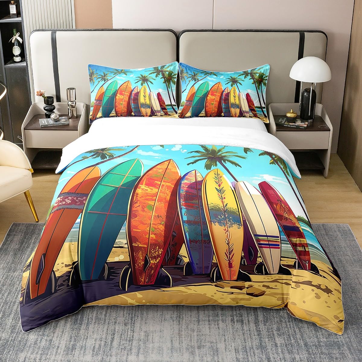Homewish Planche de Surf Aquarelle Housse de Couette Coton Biologique Palmiers Tropicaux Parure de Lit 220x240 Ensemble de Literie de Plage Le Ensemble de Draps de Vacances Hawaïennes 220x240